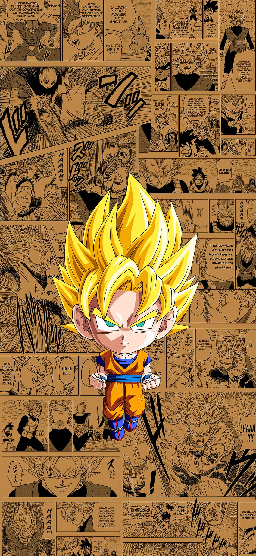 A cartoon character is standing in front of comic strips - Goku