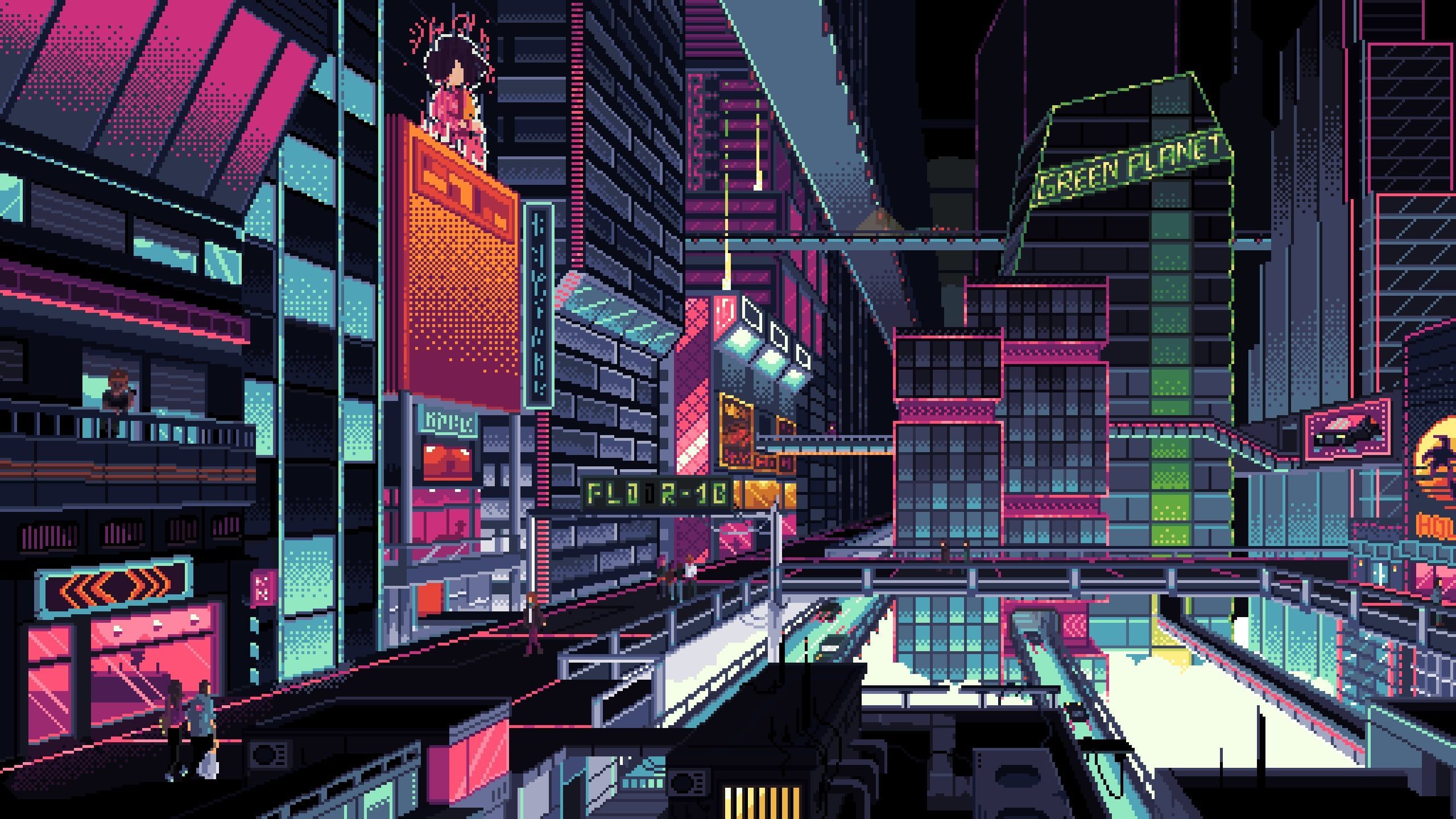 A cyberpunk city at night, with skyscrapers and neon lights. - Gaming, pixel art