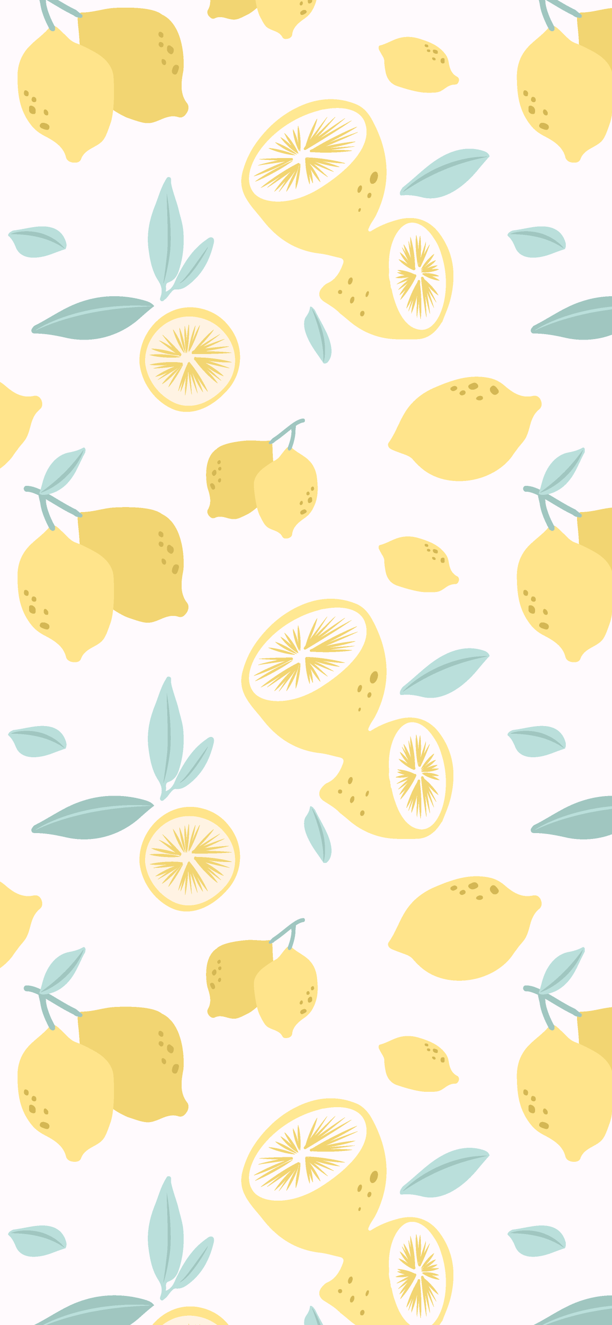 A pattern of whole and sliced lemons and leaves on a white background. - Lemon