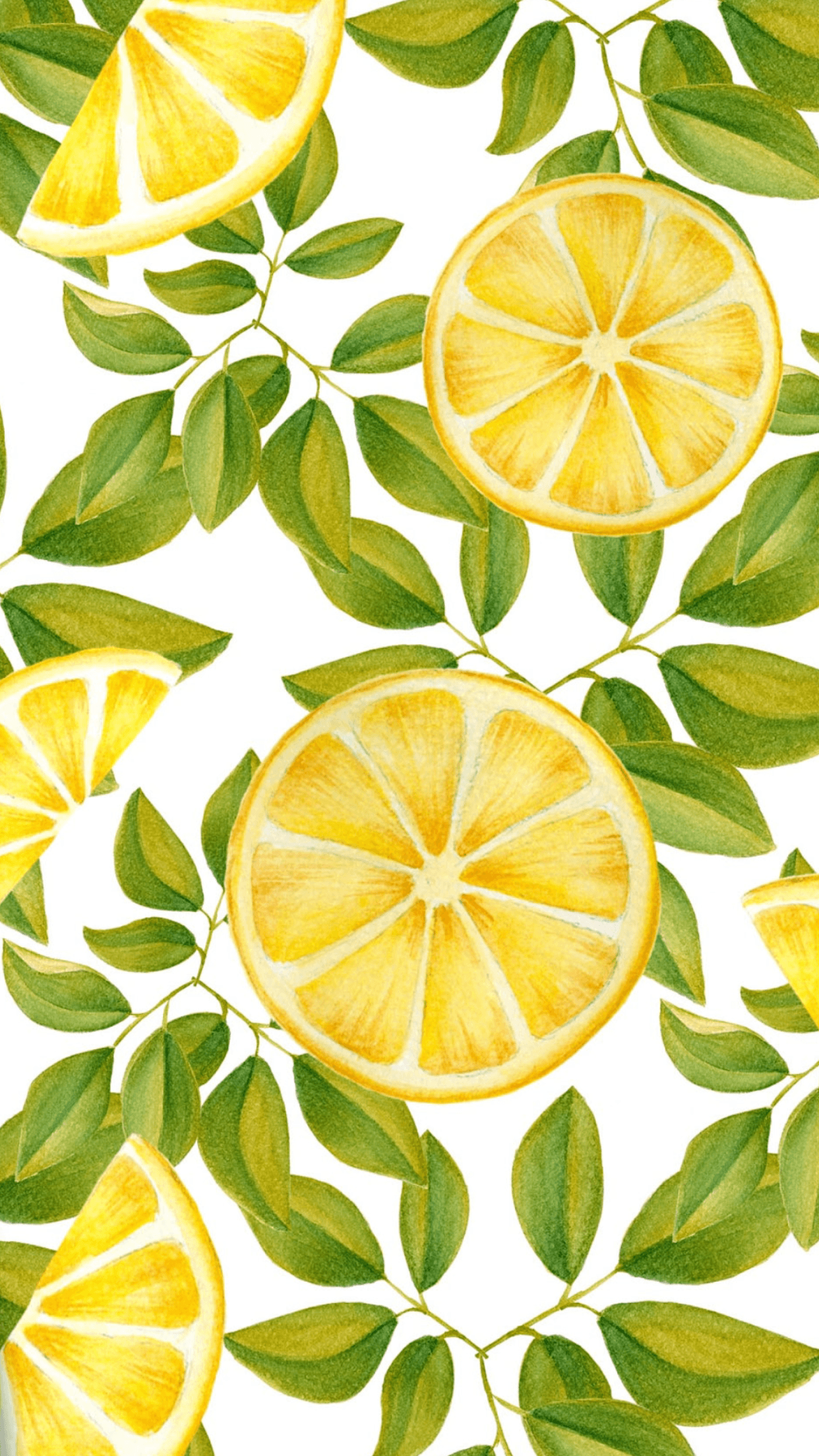 A pattern of yellow lemon slices and green leaves on a white background - Lemon