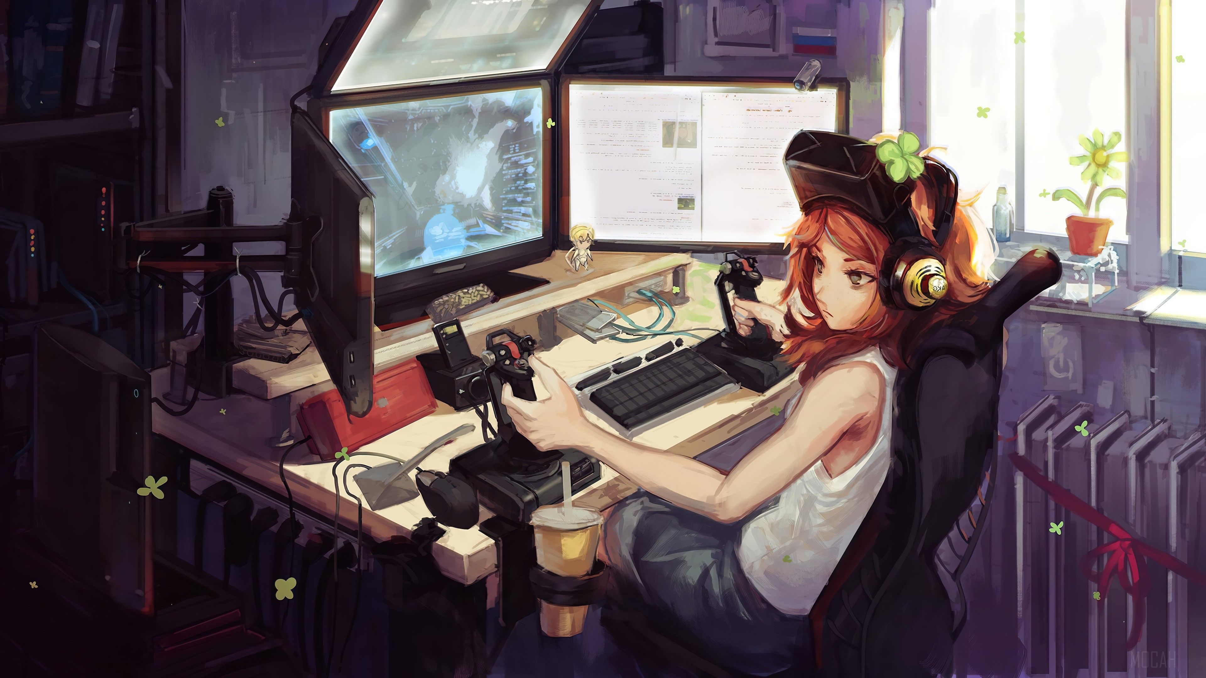 A girl playing video games on a computer with a steering wheel and pedals - Gaming