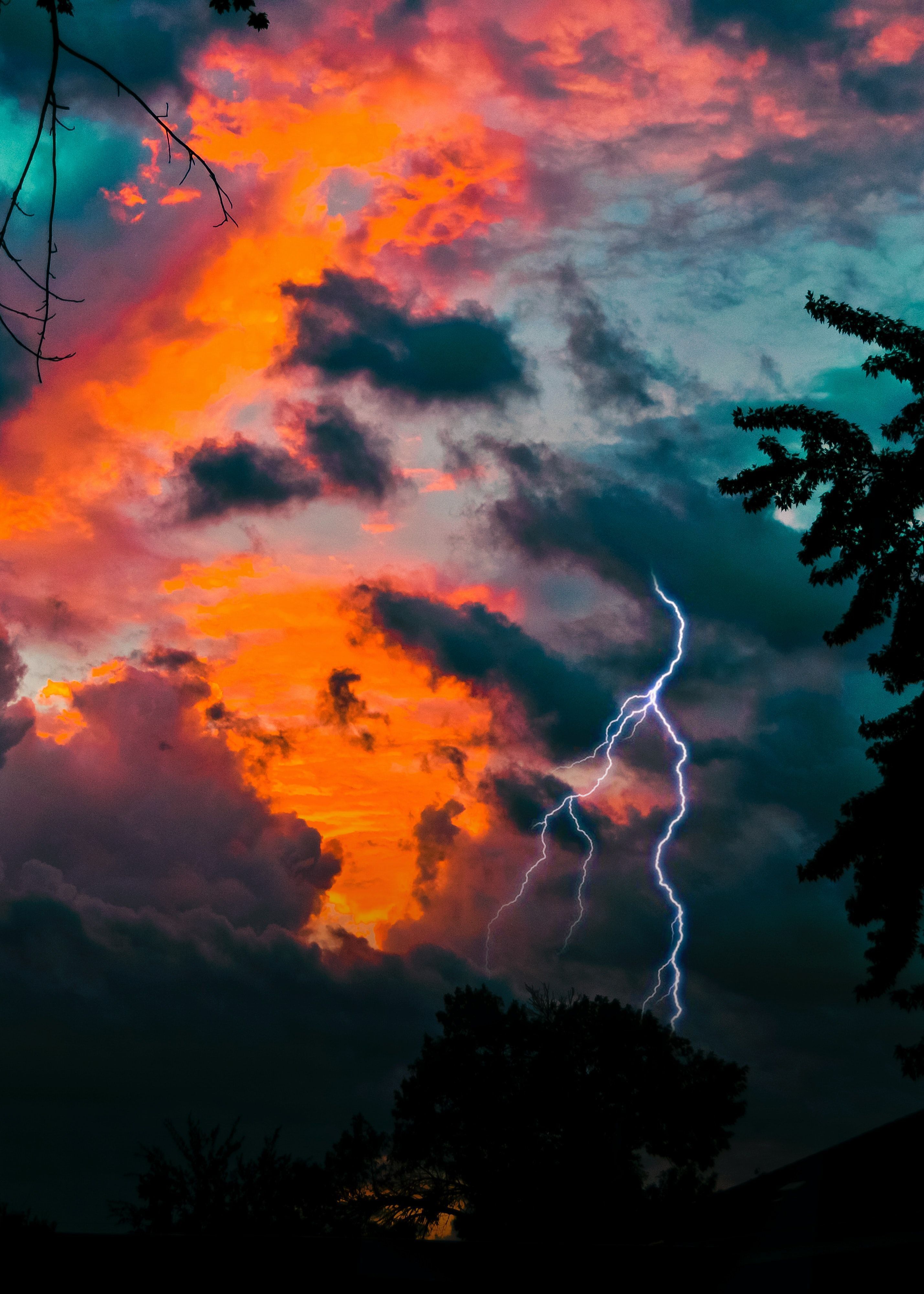 A lightning bolt strikes the sky in front of clouds - Lightning, storm