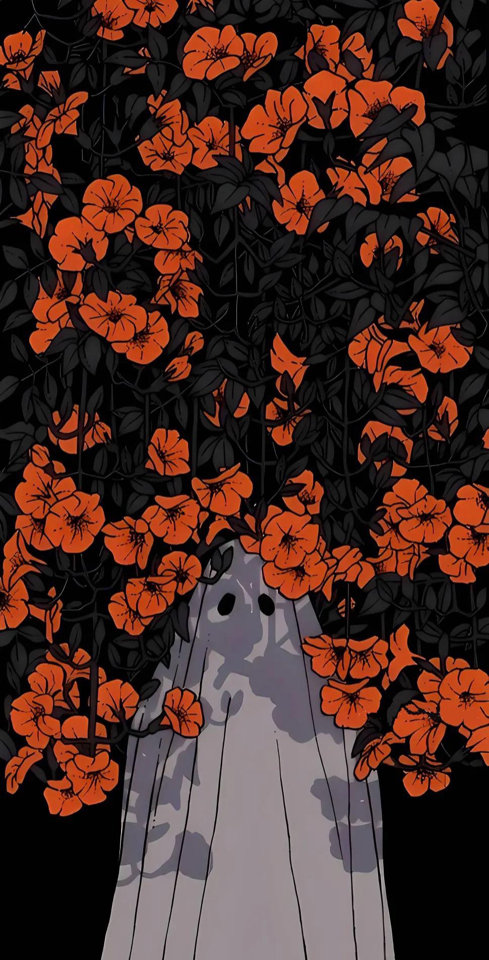 A tree with orange flowers and black background - Spooky