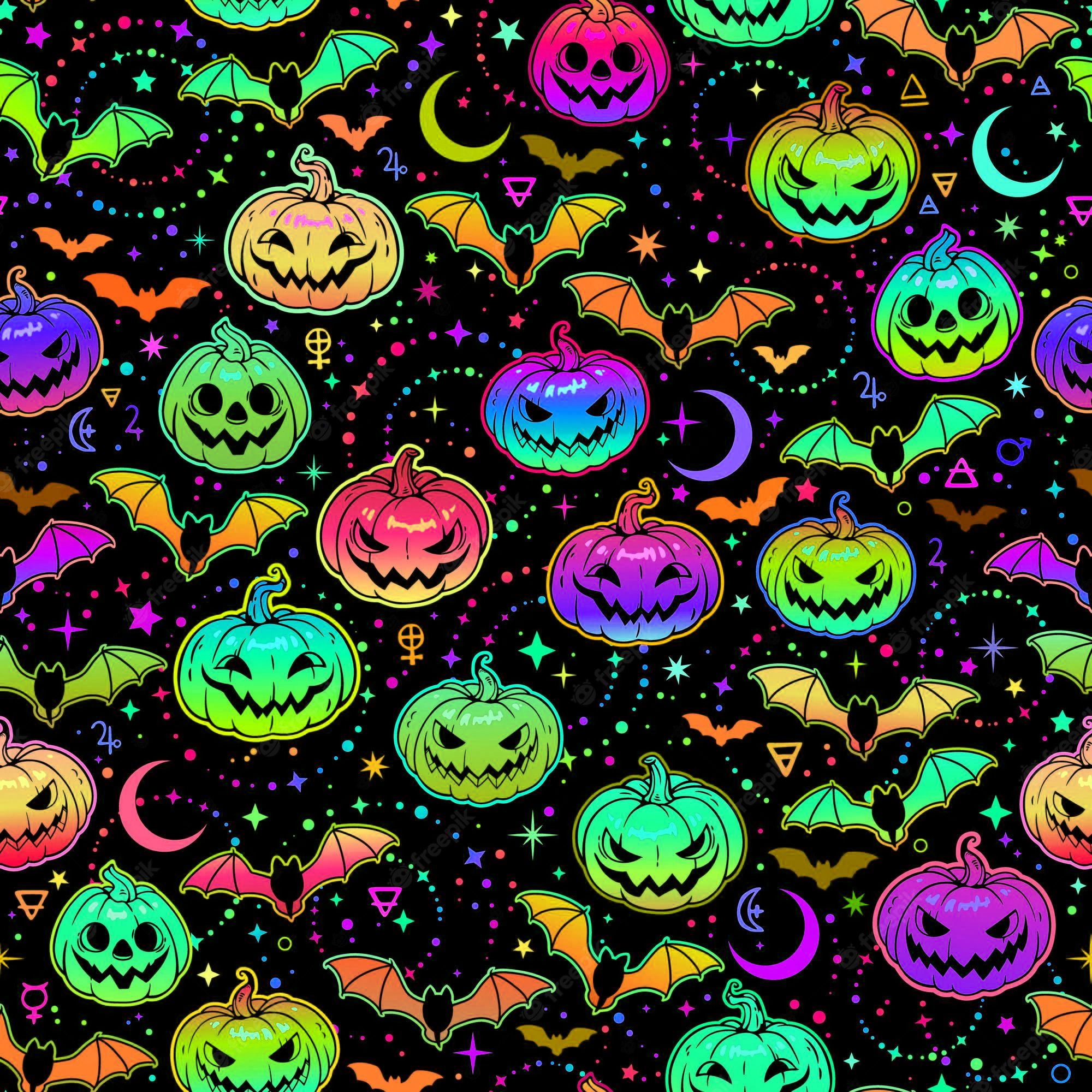 A pattern of pumpkins and bats in rainbow colors on a black background - Spooky