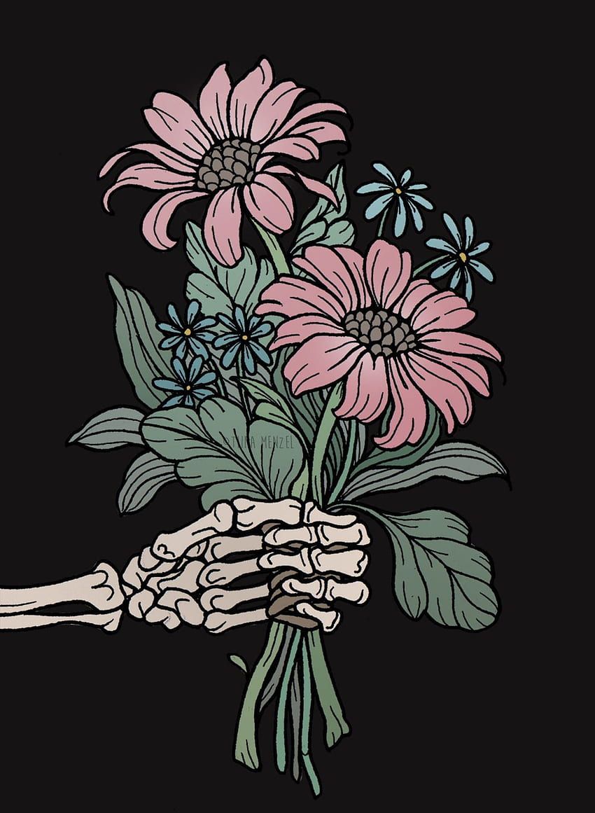 A skeleton hand holding a bouquet of flowers. - Spooky