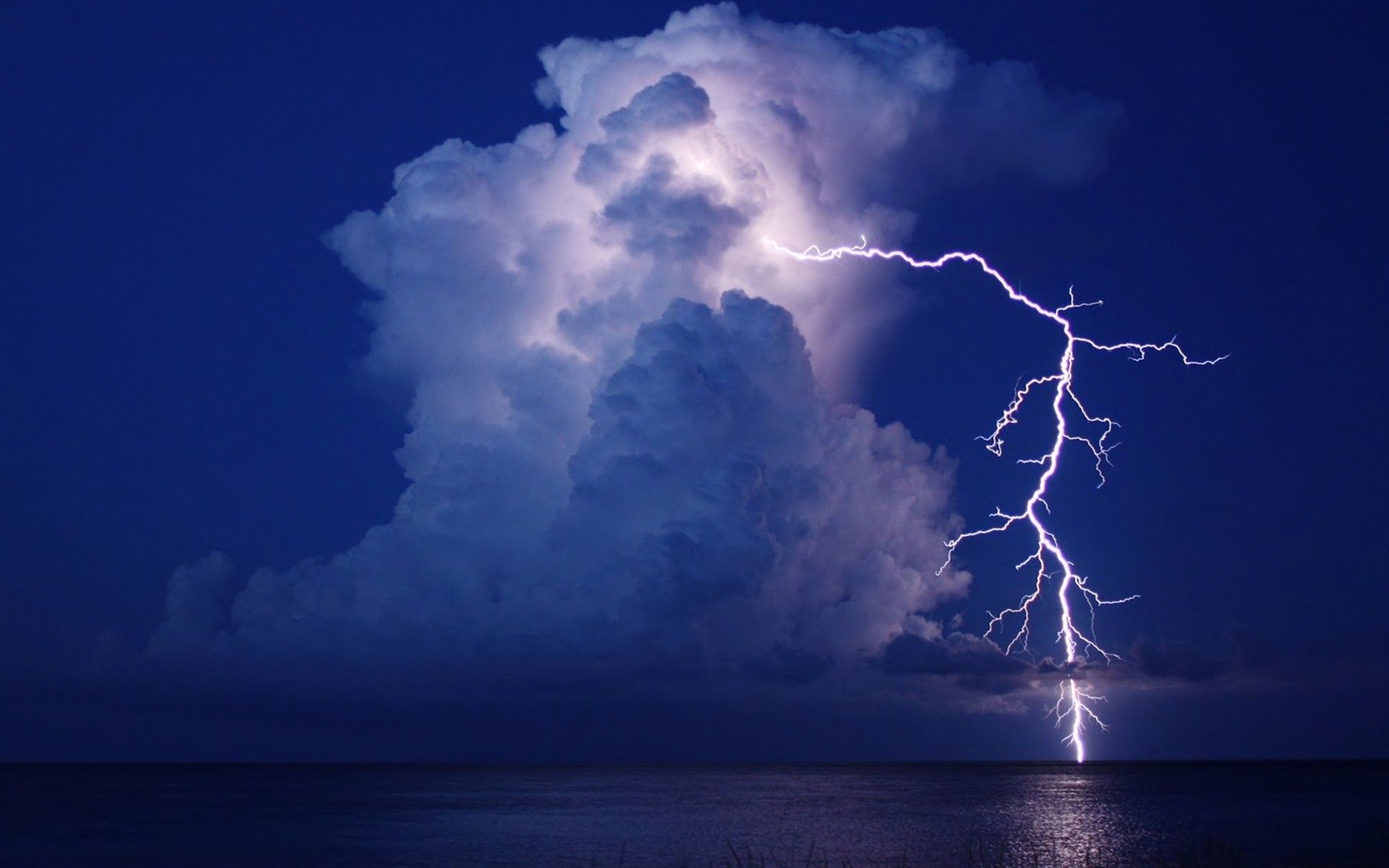A lightning bolt strikes the sky over water - Lightning
