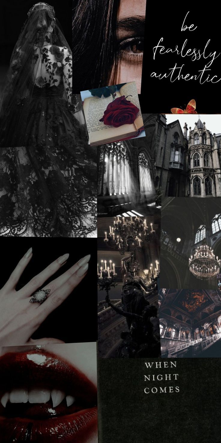 Aesthetic collage featuring gothic fashion, vampire inspired art, and a dark aesthetic. - Vampire