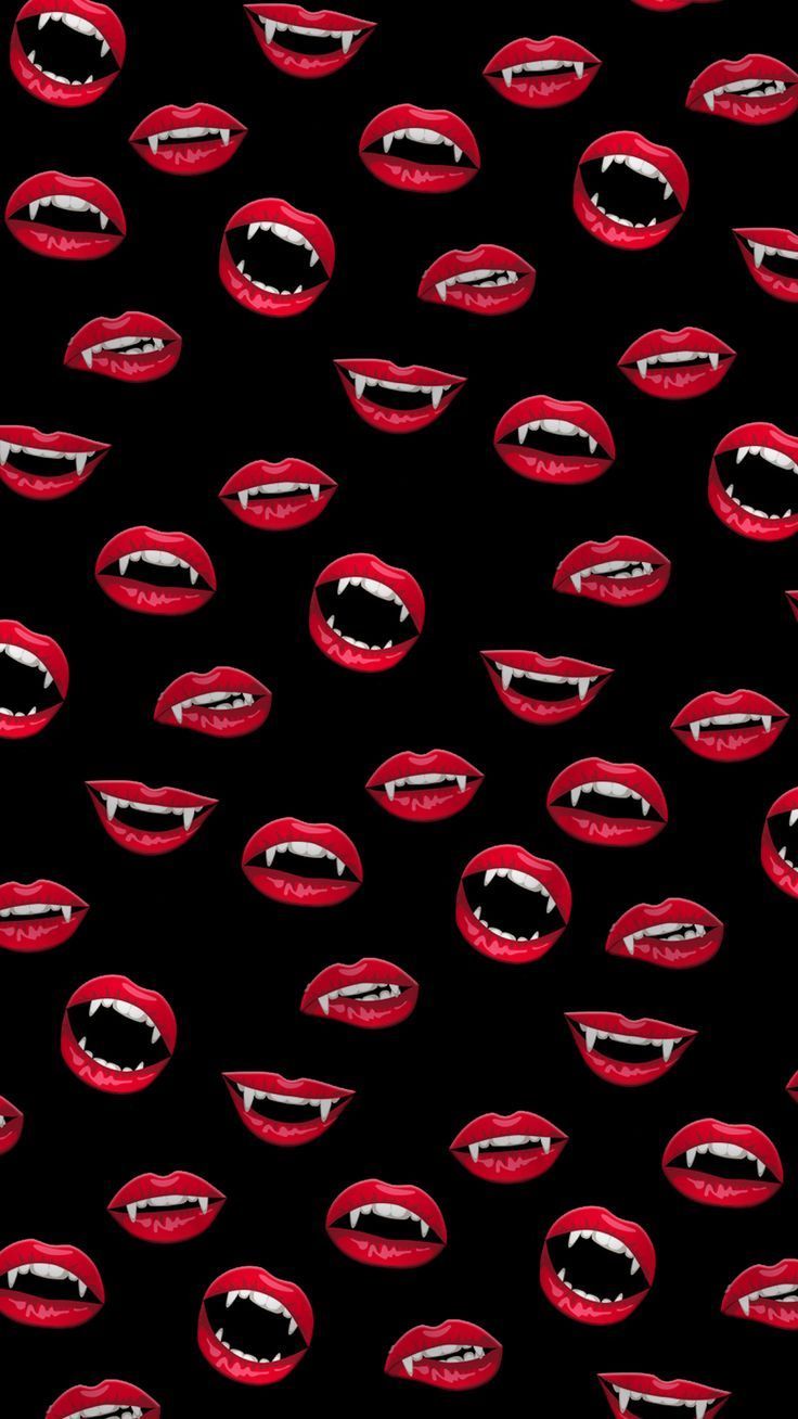 A pattern of red lips on black background - Vampire, lips