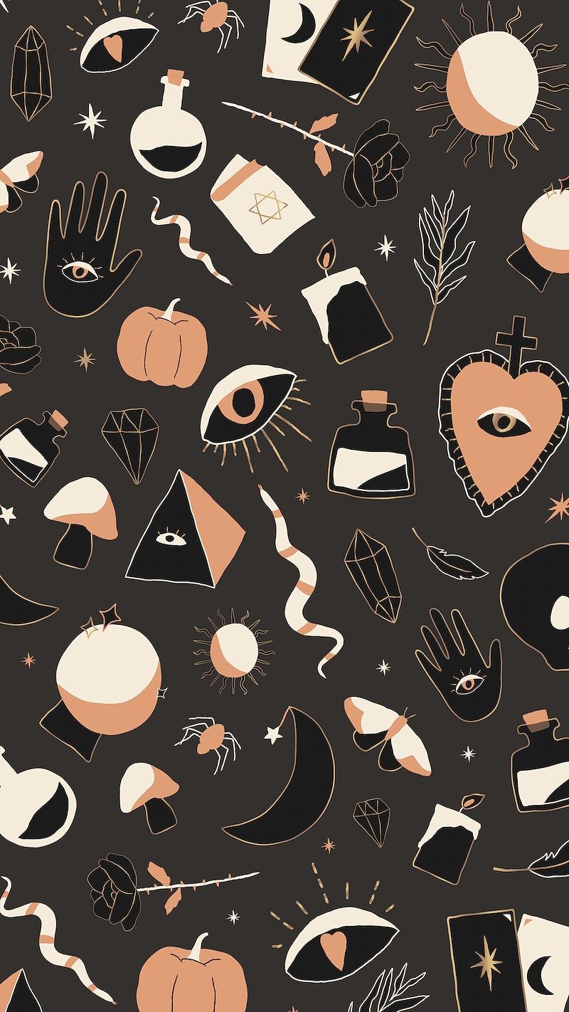 A pattern of various Halloween icons such as bats, pumpkins, and magic items. - Spooky, cute Halloween