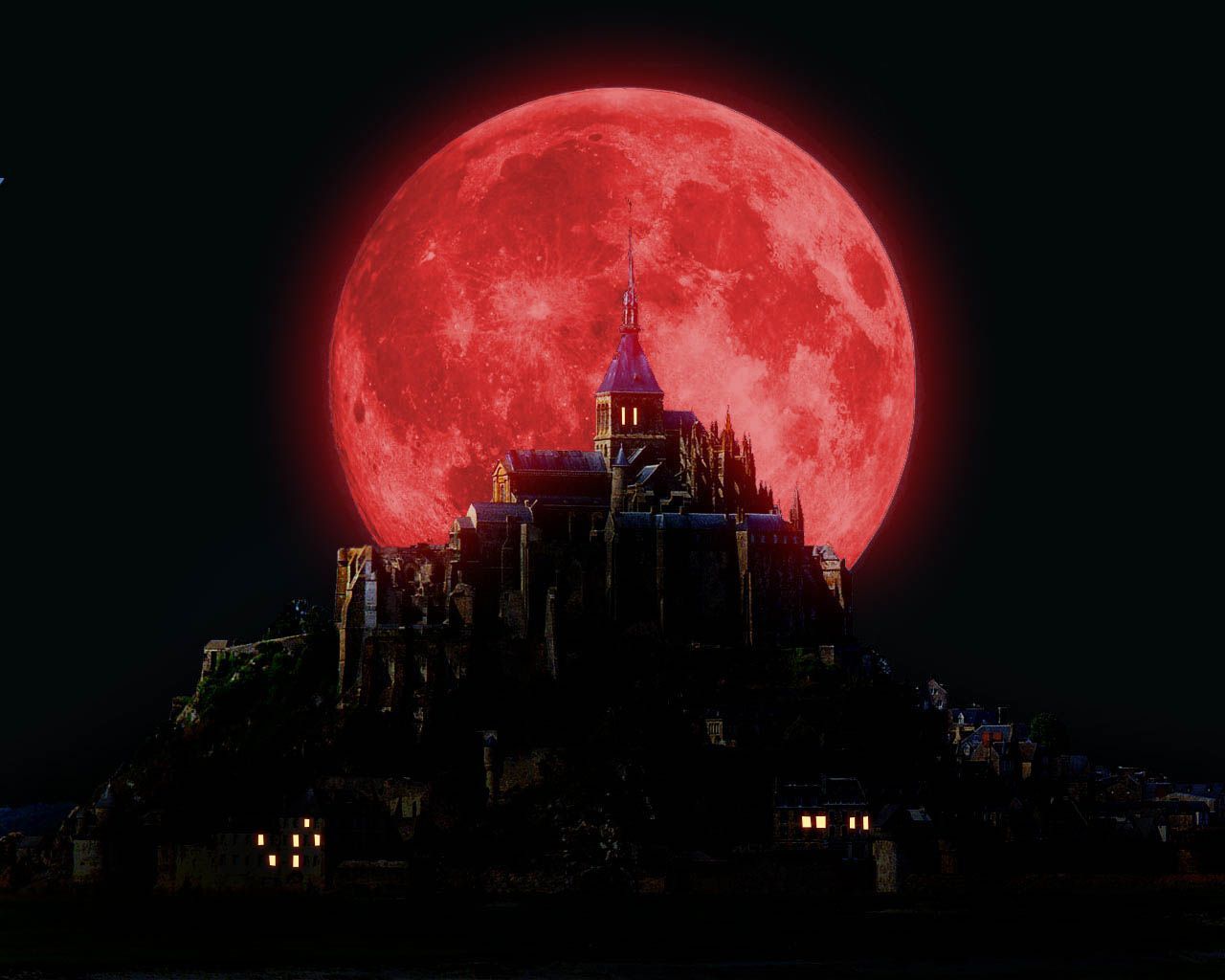 A red full moon rising over a castle. - Vampire
