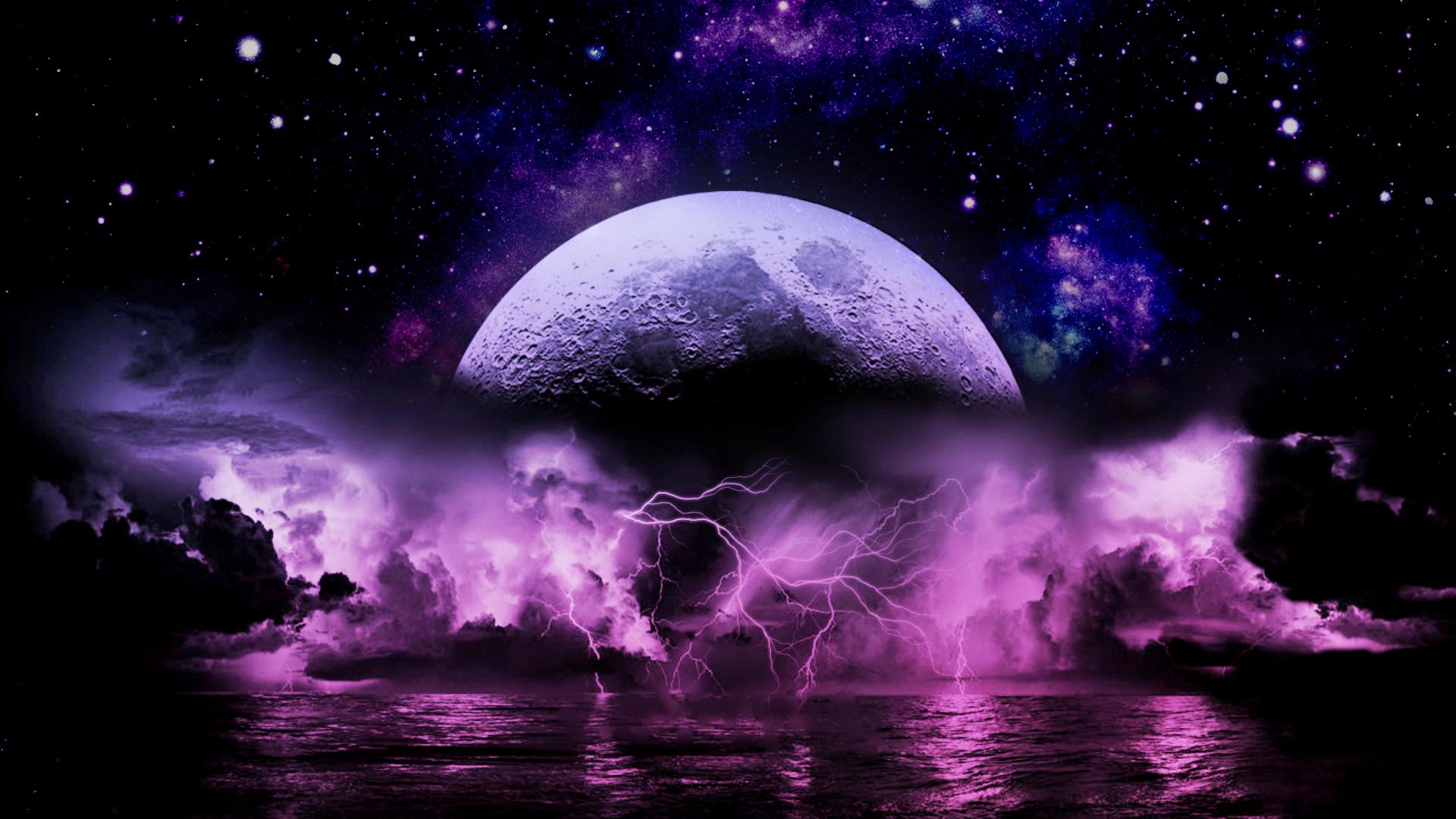 A purple and blue moon with lightning in the background - Lightning