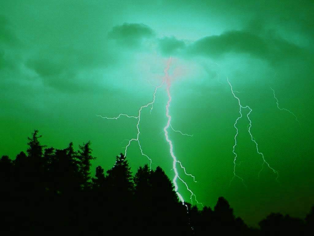 A green lightning bolt strikes over trees - Lightning