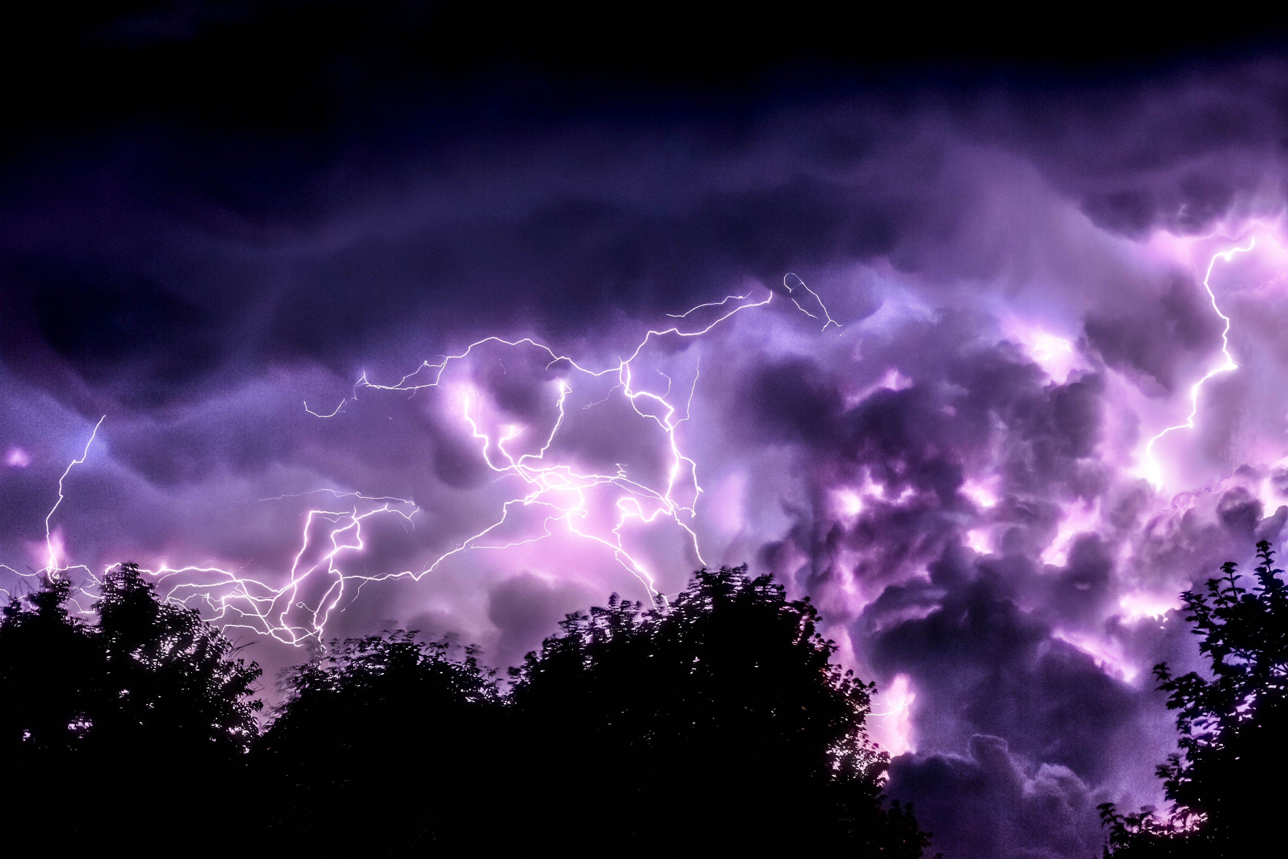A purple and black sky with lightning striking trees - Lightning