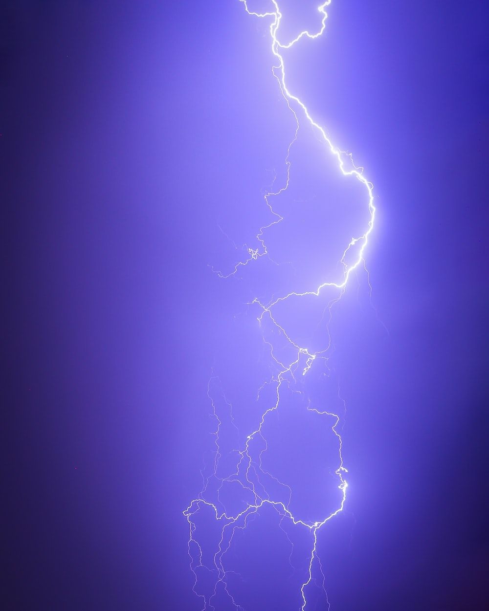 A bolt of lightning illuminates the sky in purple. - Lightning