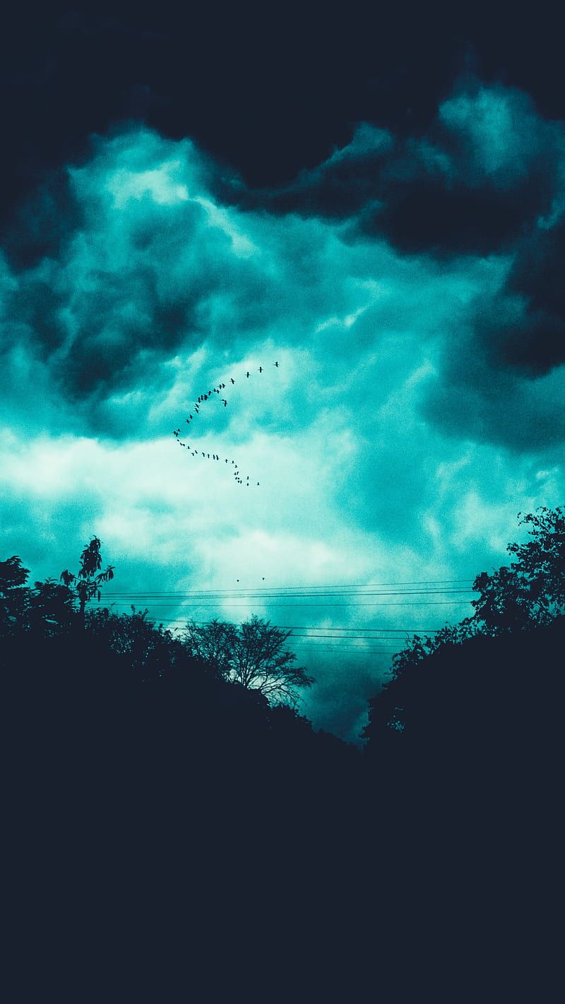 Lightning and birds, Nature, Thunder, Trigraphy, aesthetic, blue, cloud, clouds, HD phone wallpaper