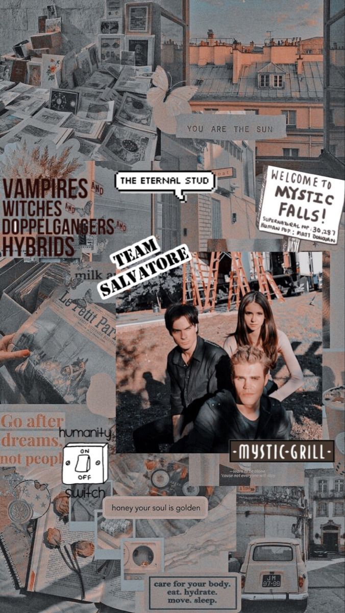 Aesthetic collage background of Mystic Falls from The vampire diaries - Vampire