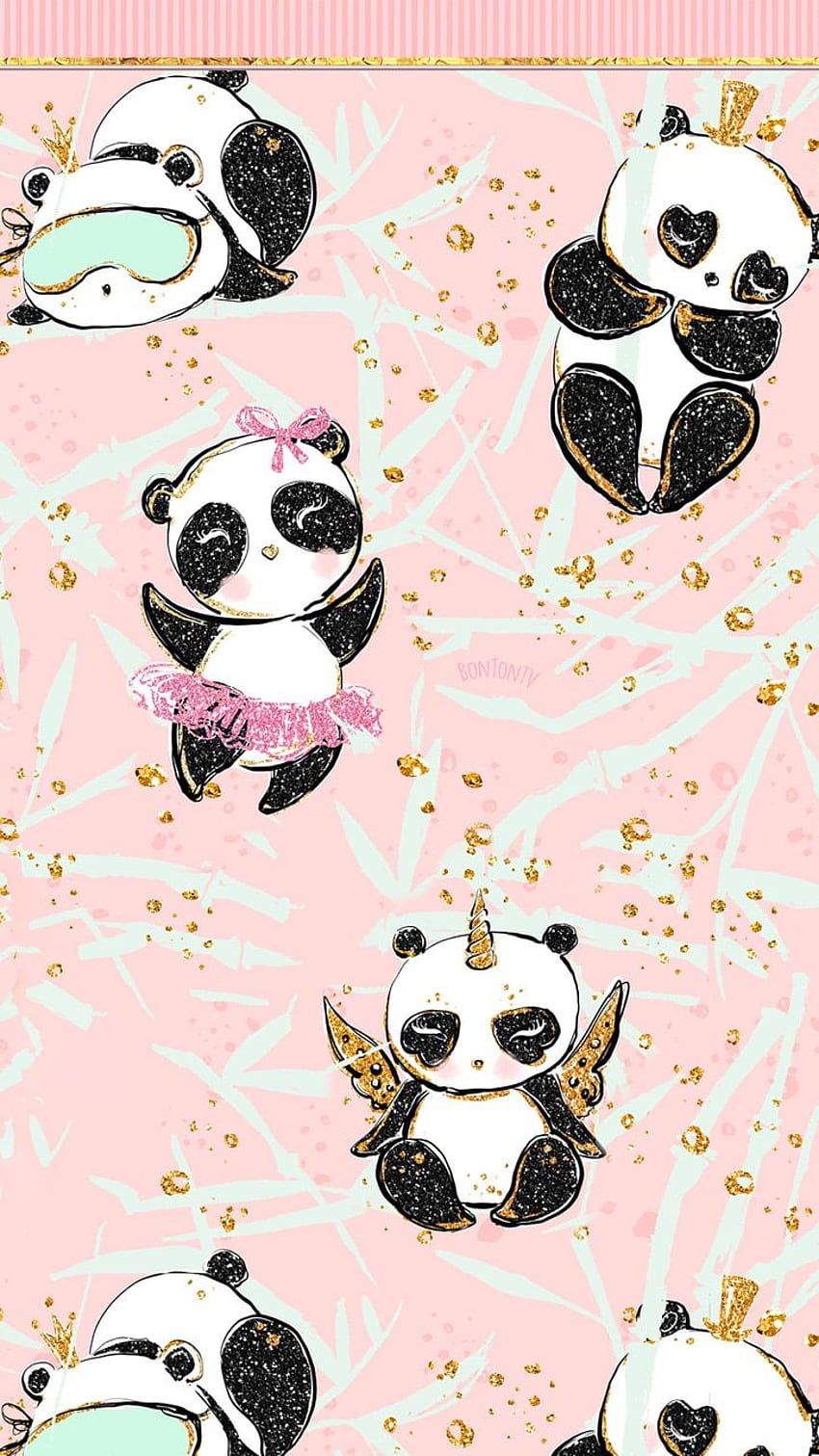 A pink and gold pattern with cute pandas - Panda