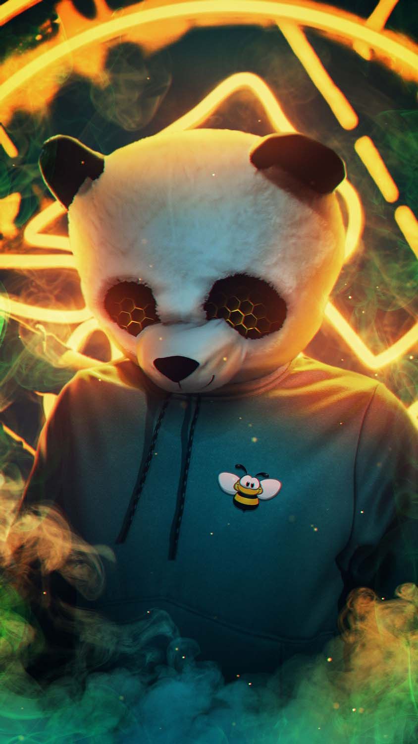 A panda bear wearing an orange hoodie - Panda