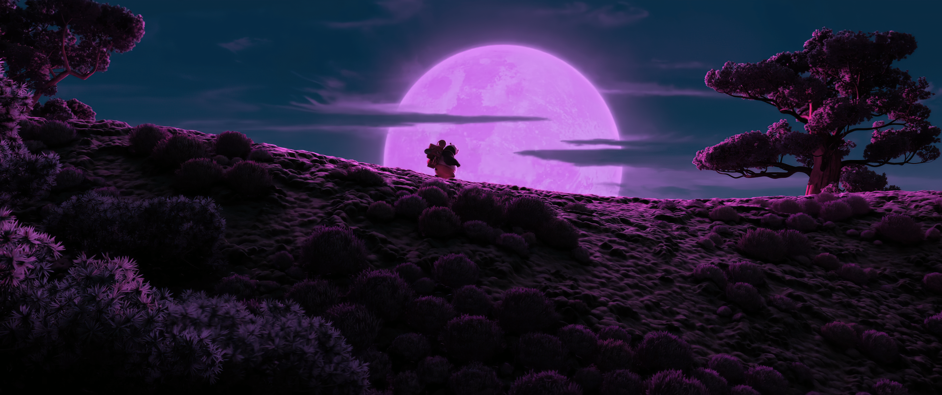 A person standing on a hill with a purple moon in the background - Panda