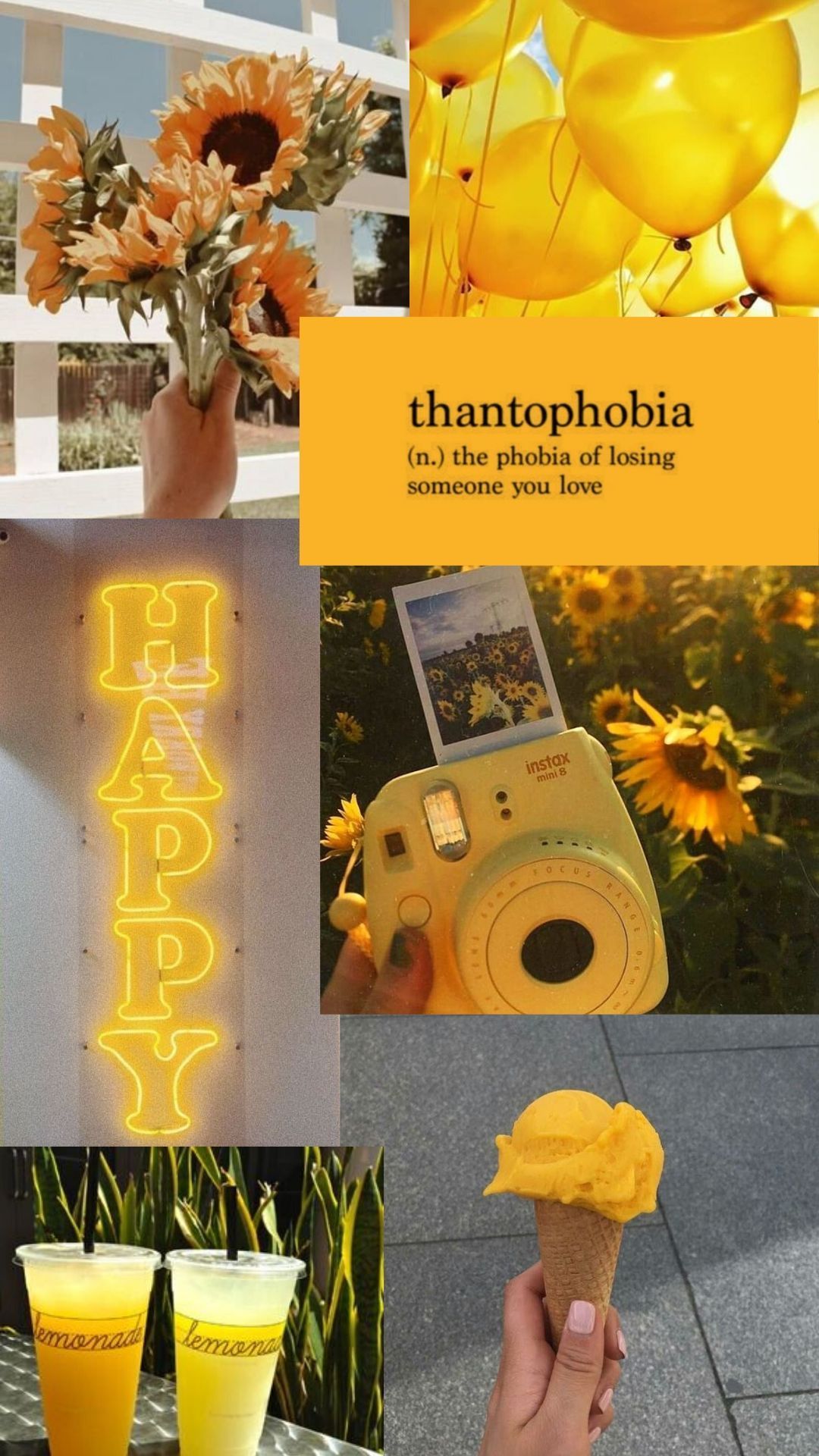 Aesthetic collage of yellow photos including sunflowers, a neon happy sign, and ice cream. - 