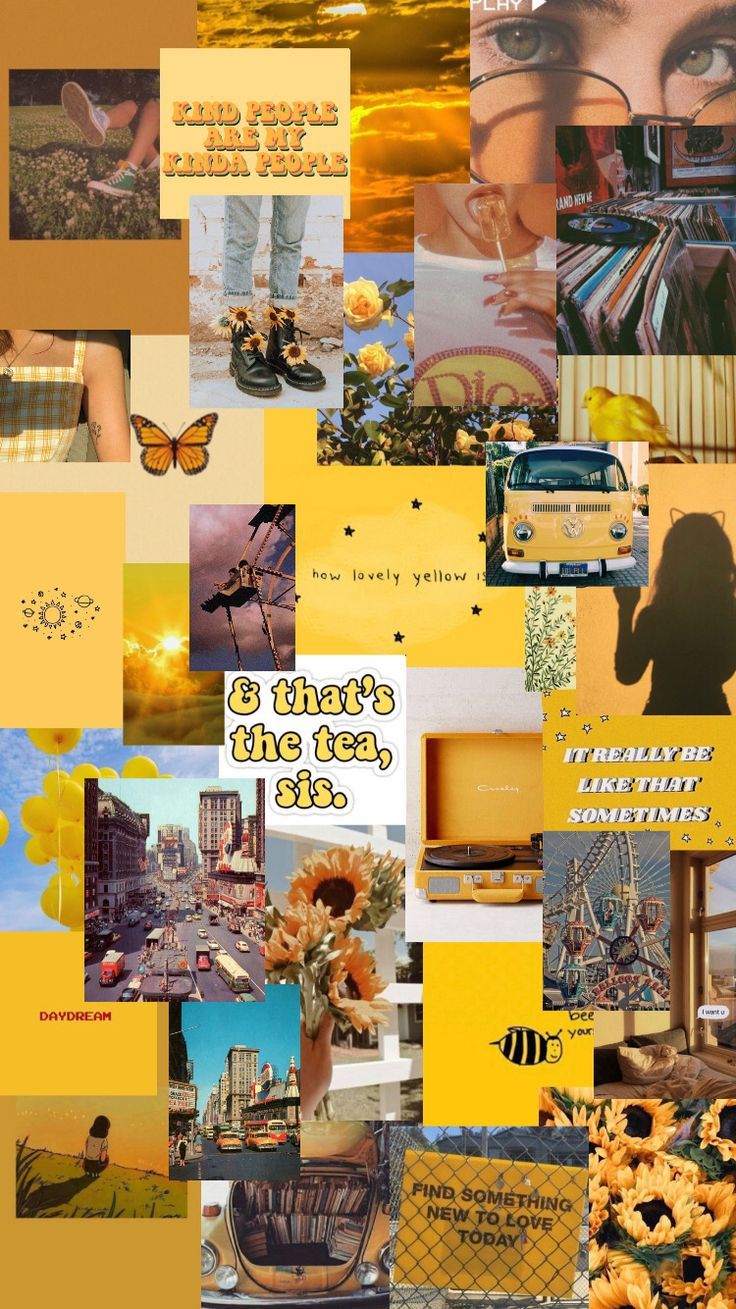 A collage of pictures with yellow backgrounds - 