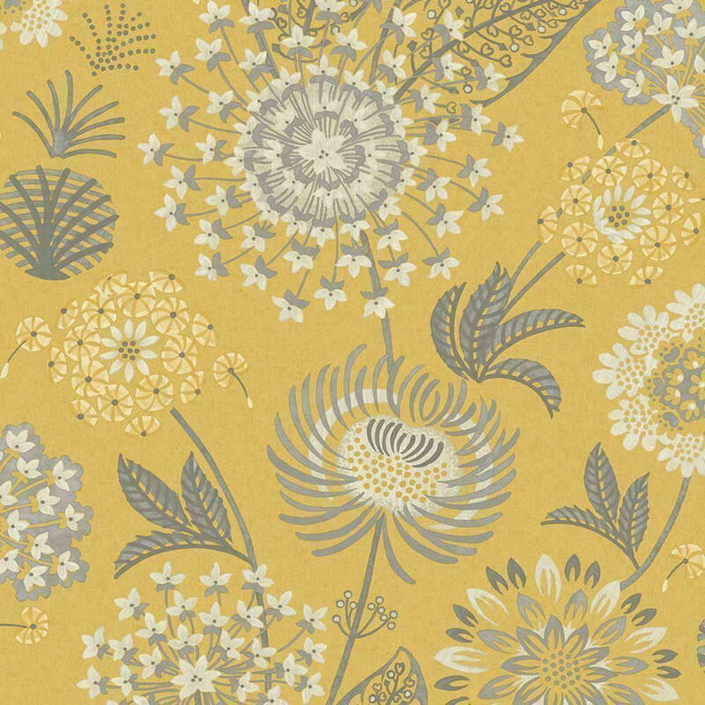 A lively floral pattern with flowers and leaves in white, grey and metallic on a yellow background - 