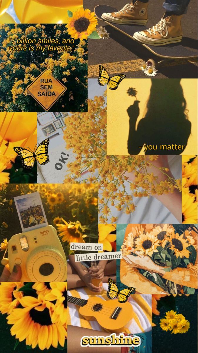 A collage of pictures with sunflowers and other things - 