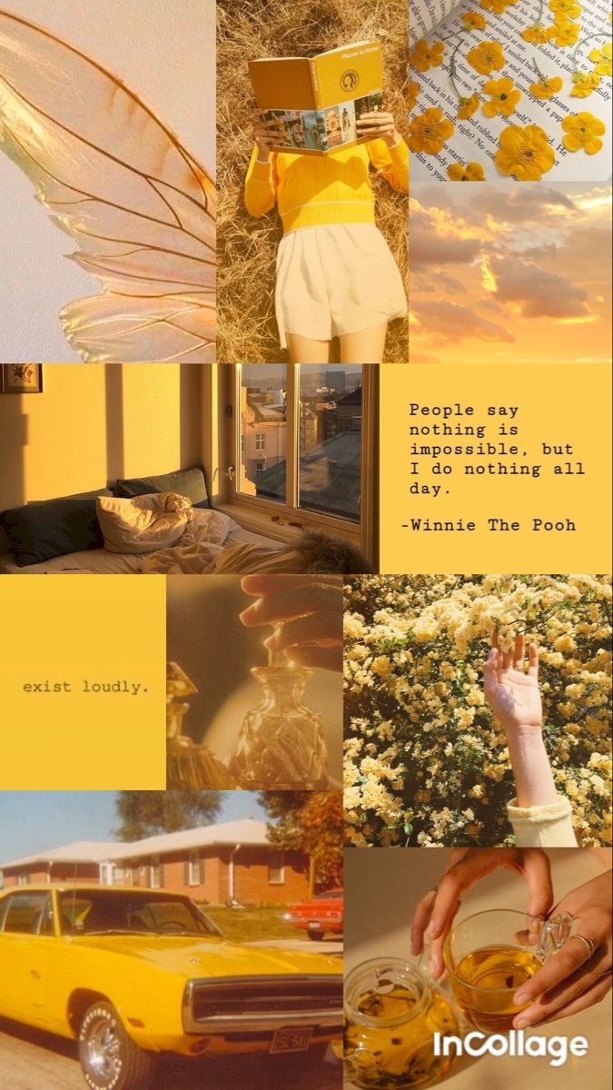 A collage of yellow aesthetic images including a bed, flowers, and a car. - 