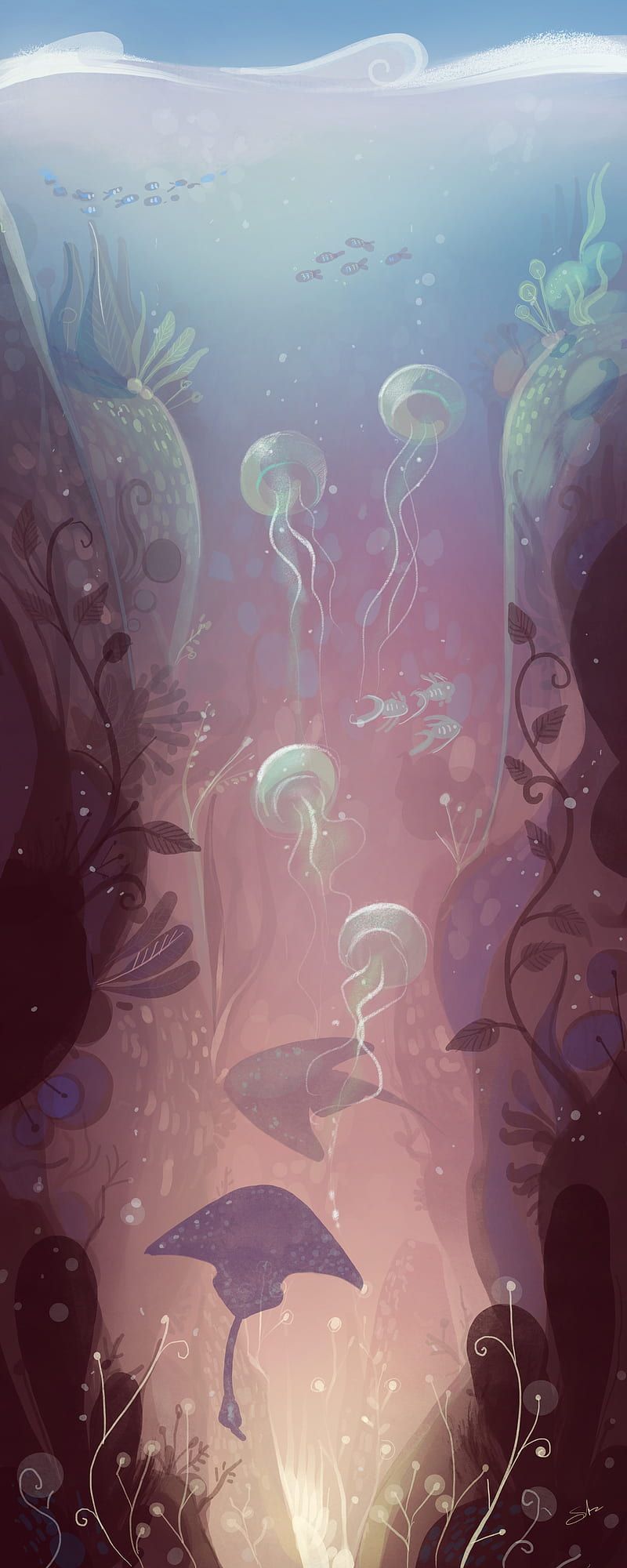 A painting of an underwater scene with jellyfish - Jellyfish