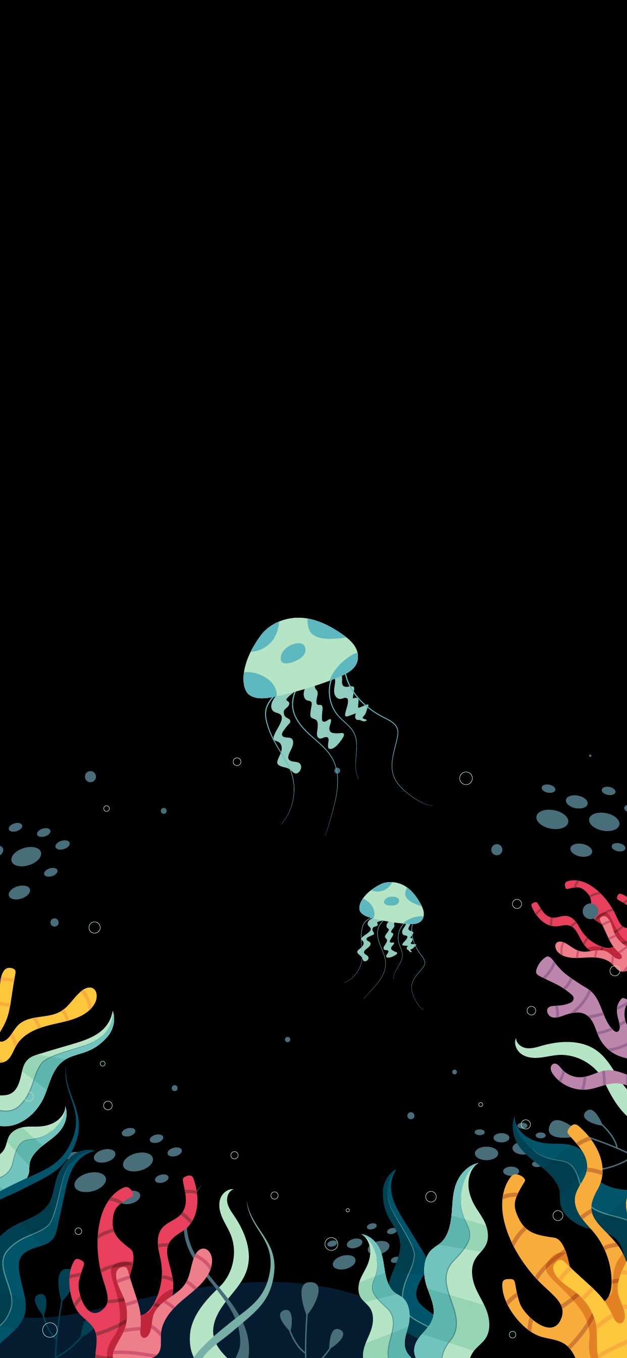 IPhone wallpaper with jellyfish, seaweed, and bubbles on a black background - Jellyfish