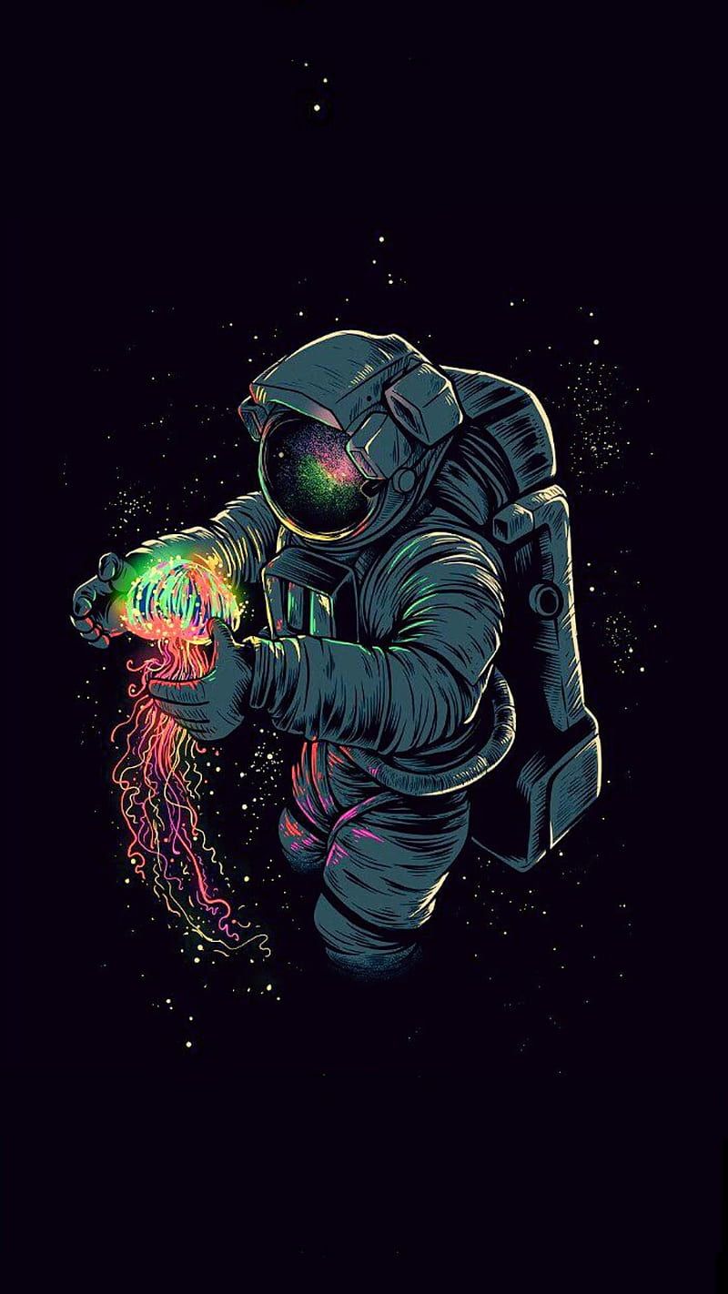 An astronaut holding a colorful ball in the dark - Jellyfish