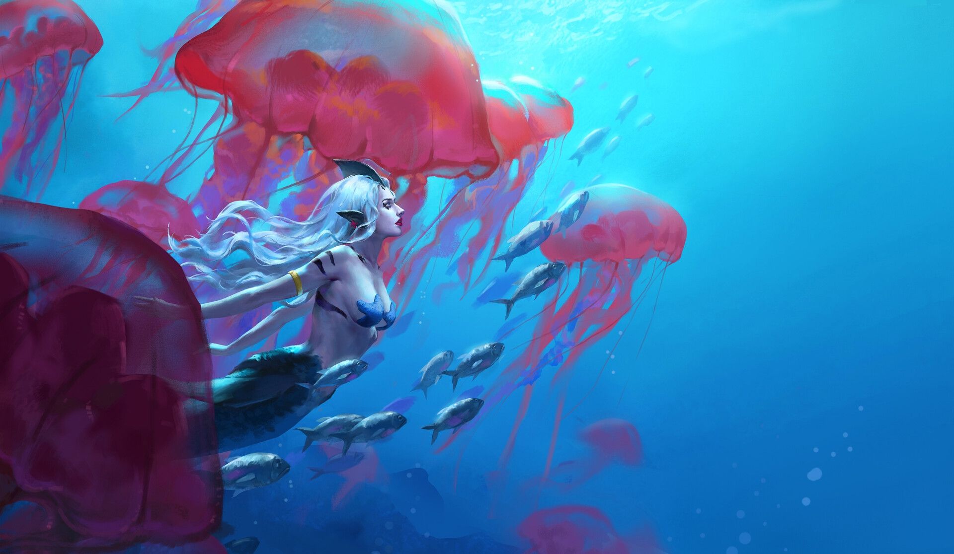 Artistic wallpaper with a mermaid swimming with jellyfish and fish. - Jellyfish