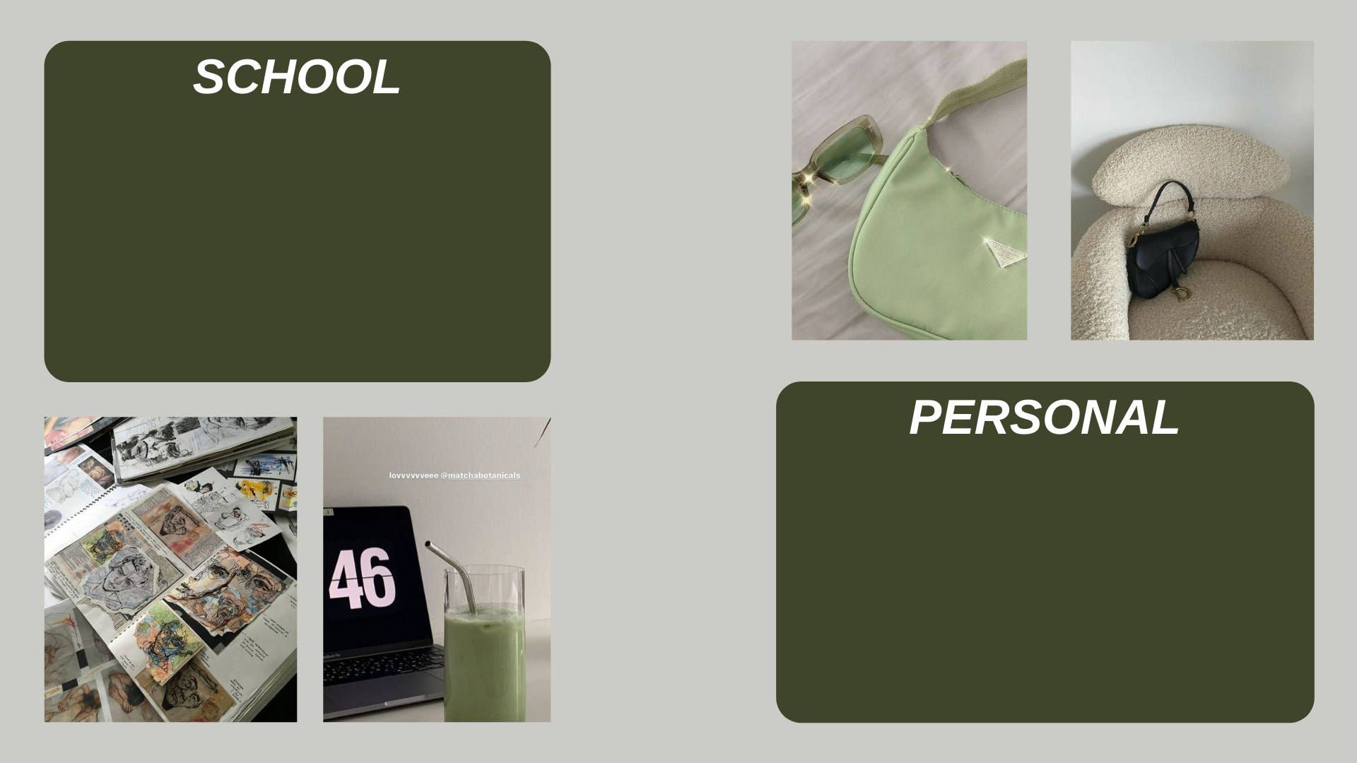 School personal items with a green background - School