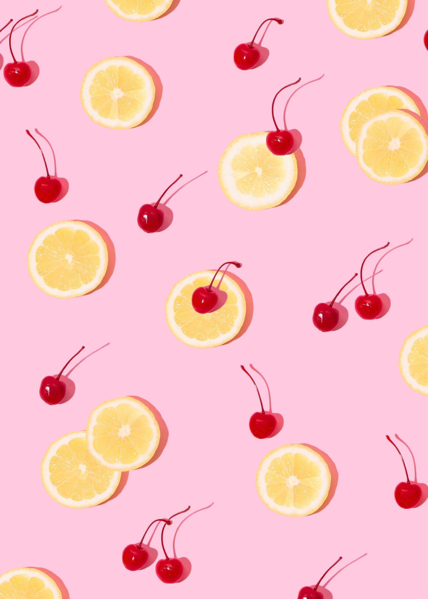 A pattern of lemons and cherries on pink - Lemon, fruit, cherry