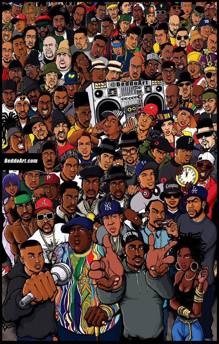 A cartoon drawing of a large group of rappers. - School