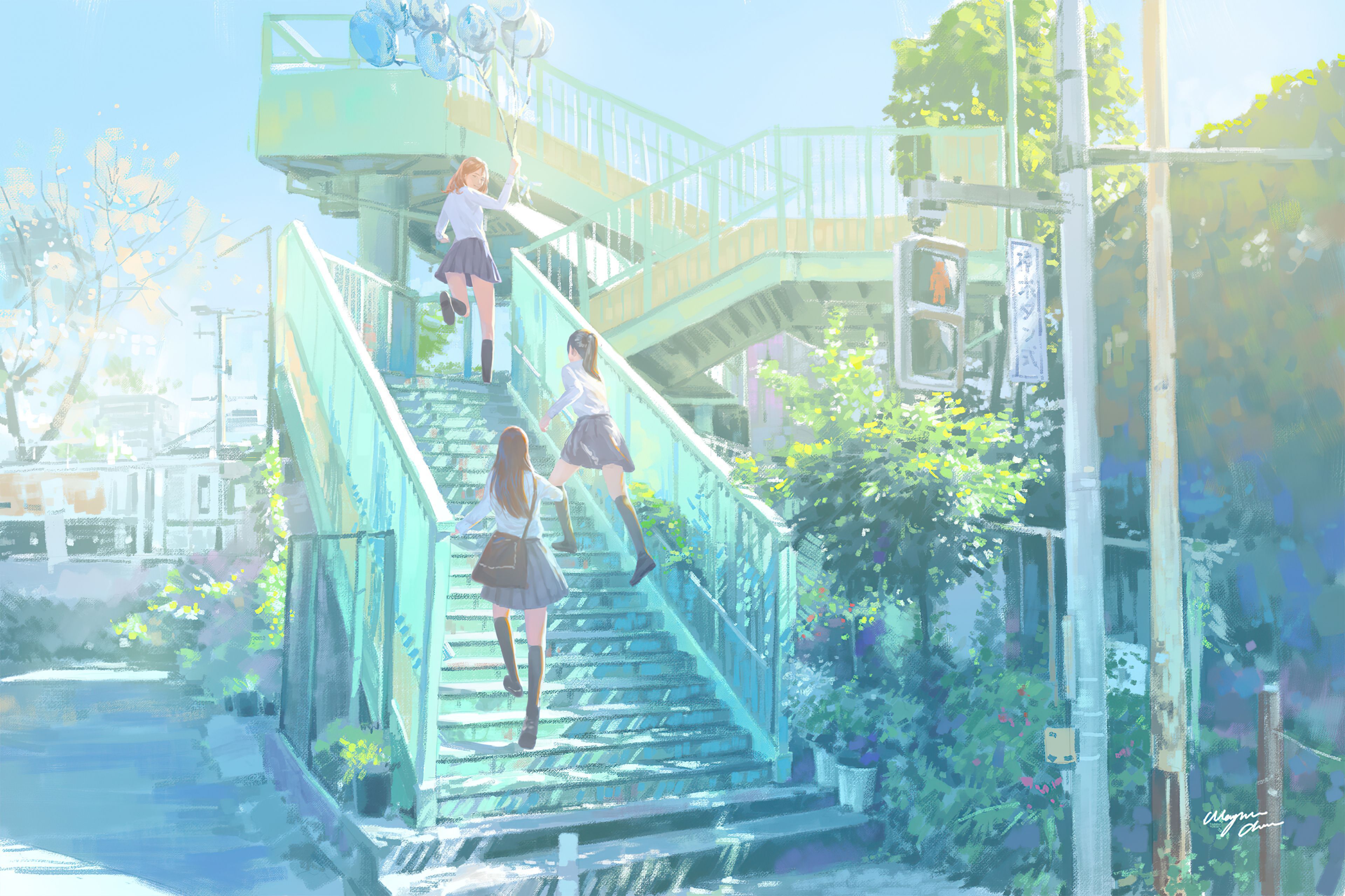 A digital painting of three school girls walking up a flight of stairs. - School
