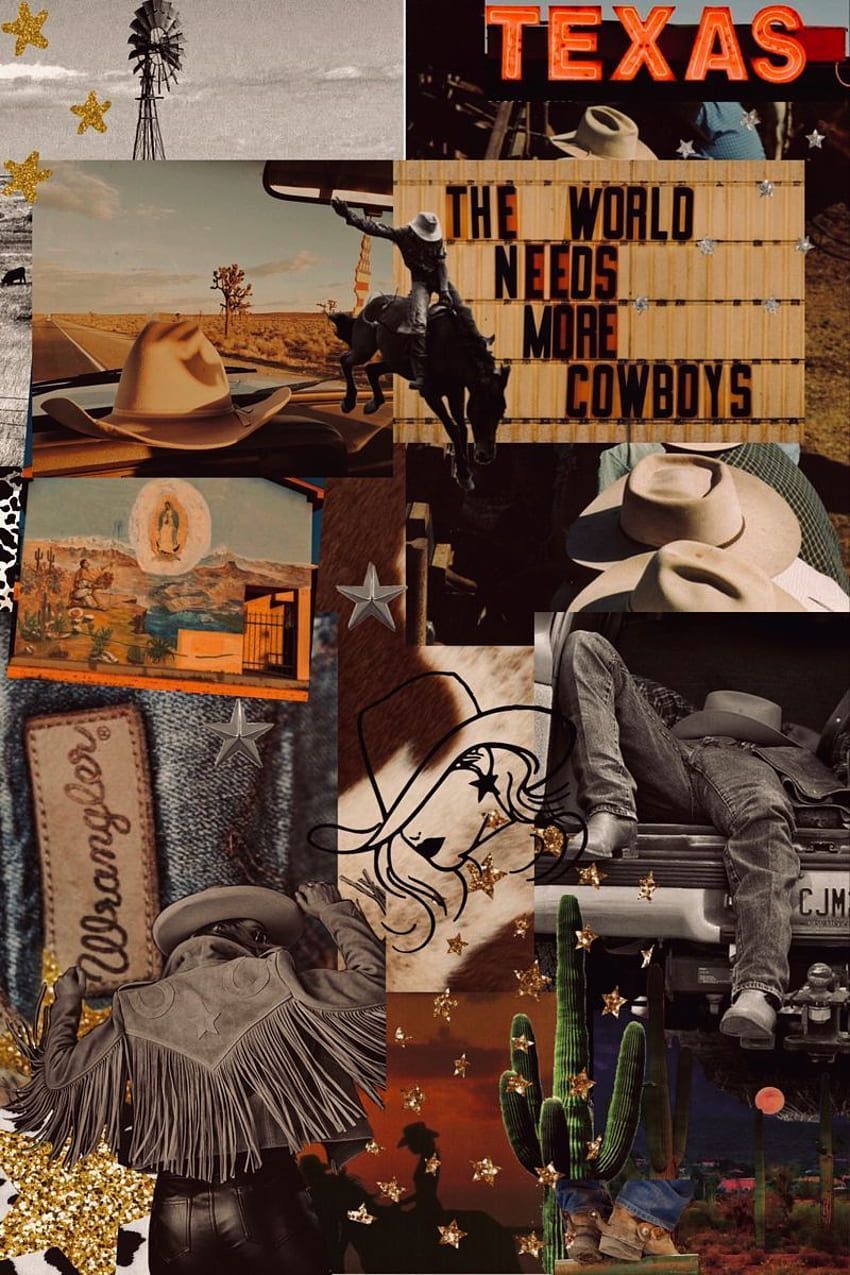 A collage of western themed images including cowboy hats, cacti, and a sign that says 