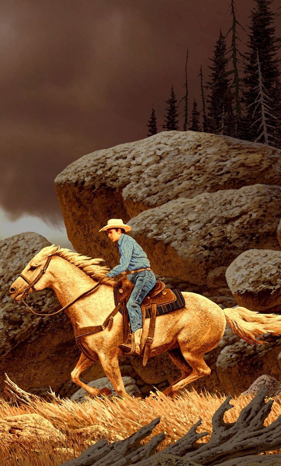 A painting of cowboy riding horse in the woods - Western