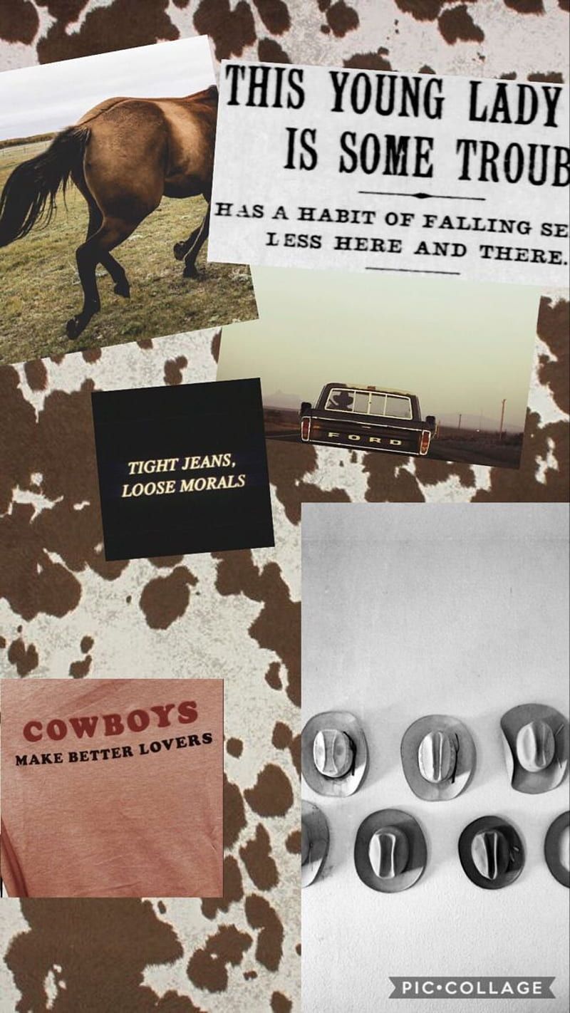 A collage of a cow print background, a horse, a truck, and cowboy quotes. - Western