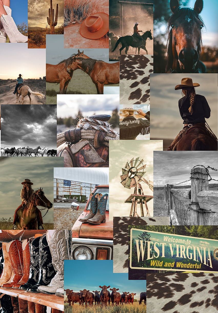 A collage of photos featuring horses, cowboys, boots, and a windmill. - Western