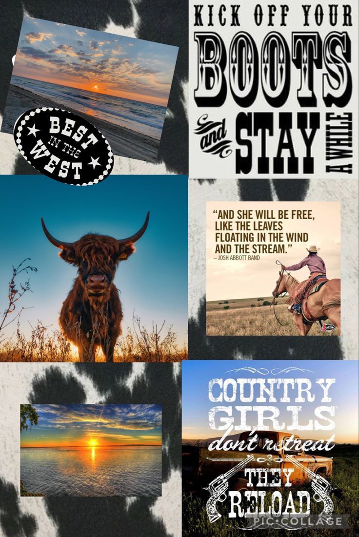 Country girl collage with cowhide, cowgirl, sunset, ocean, and boots - Western