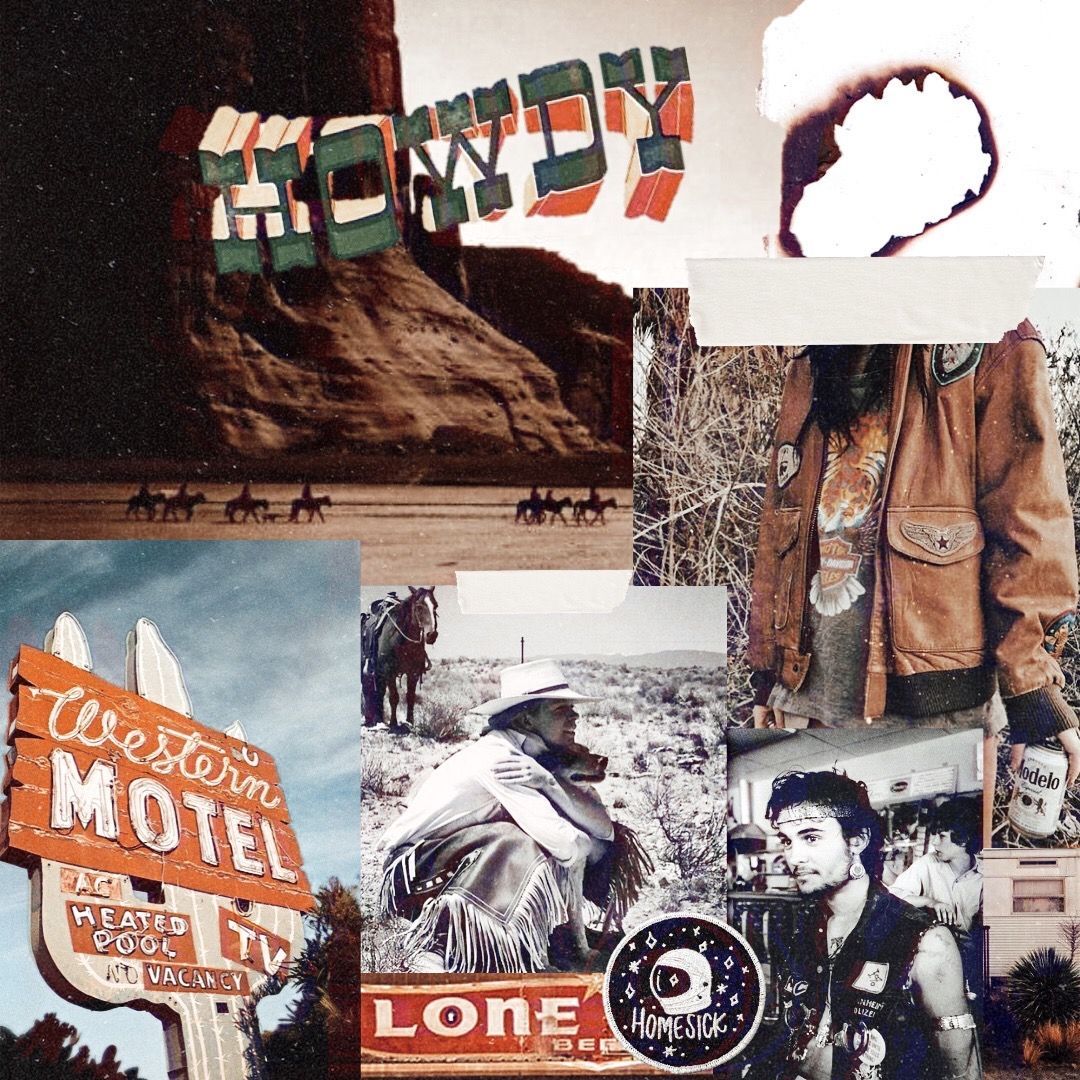 A collage of photos of a cowboy, a motel sign, and a desert scene - Western