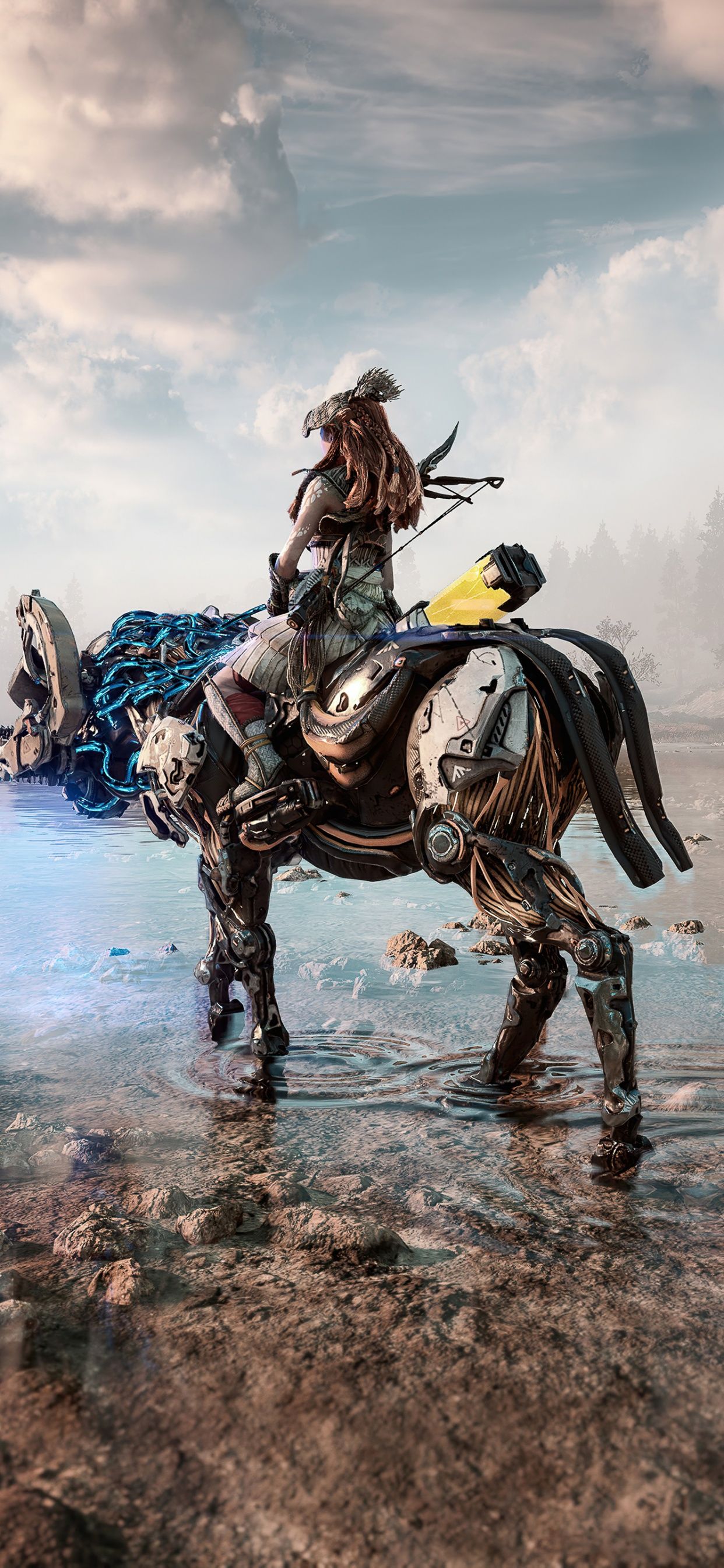 Aloy from Horizon Zero Dawn on her mechanical horse, a white and black animal with blue electricity flowing through it. - Western