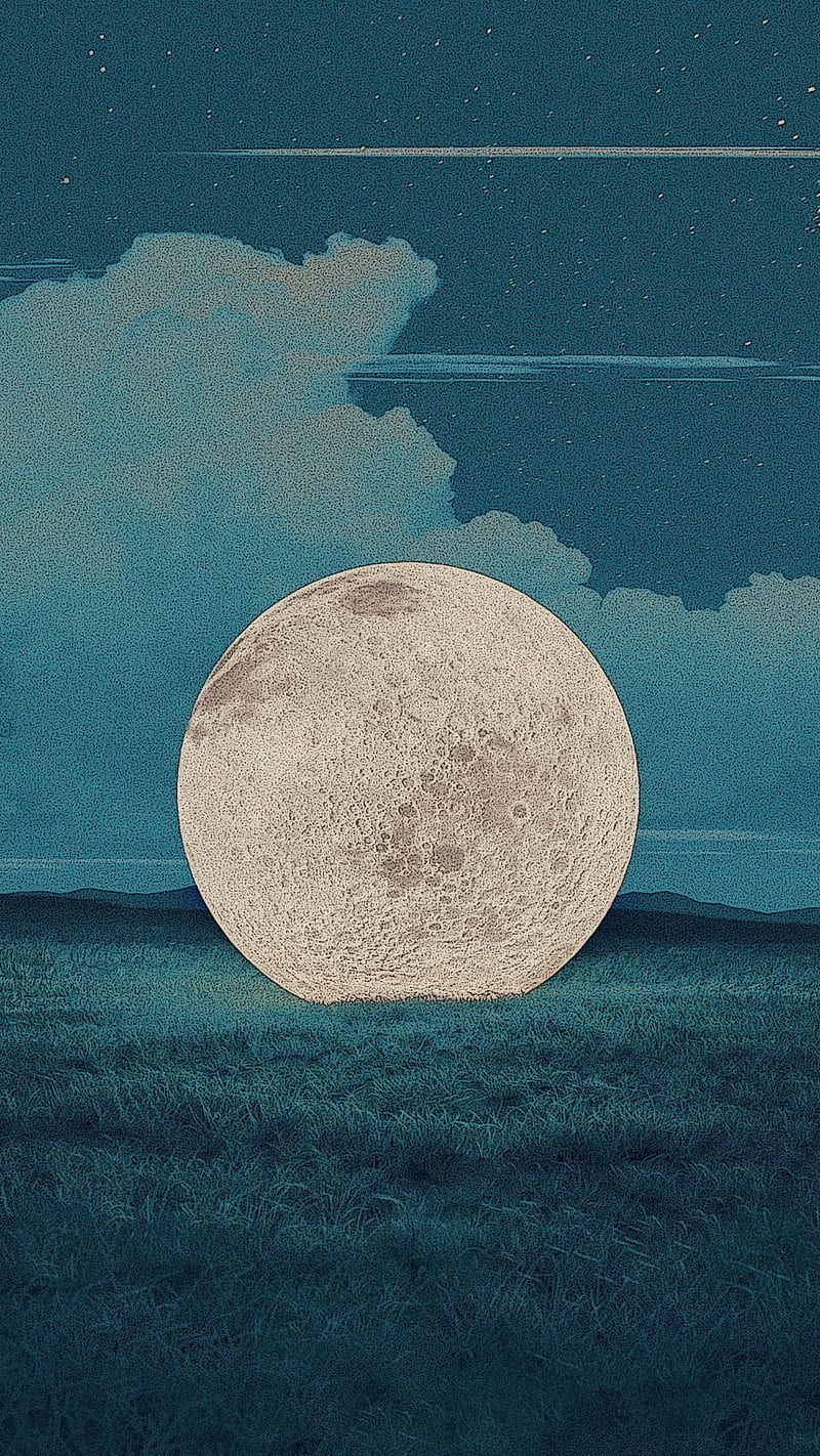 A full moon shines over a grassy field - Cyan, 3D, peace