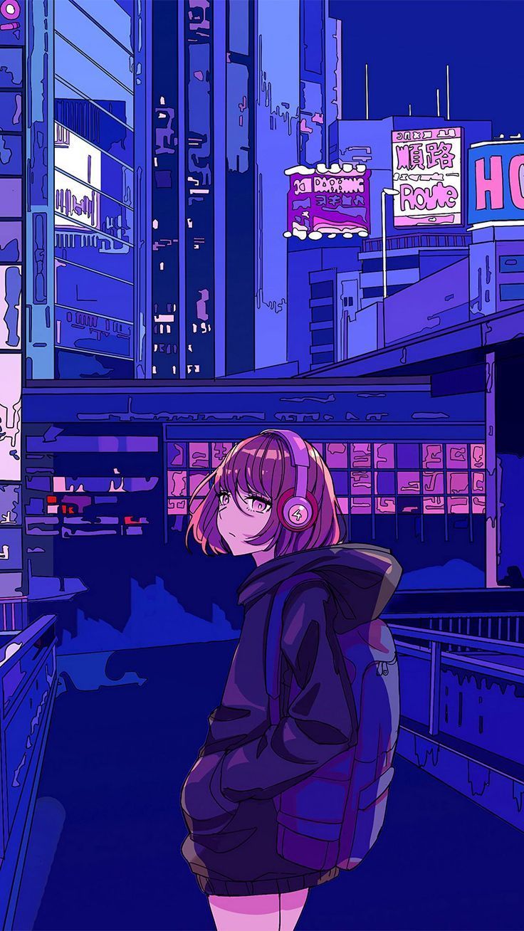 Anime girl in the city at night wallpaper - 3D, anime