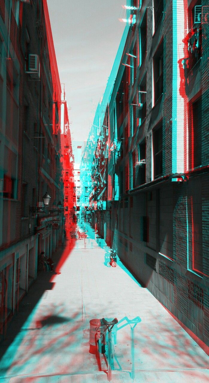 A 3D image of a city street with red and blue lighting - 3D