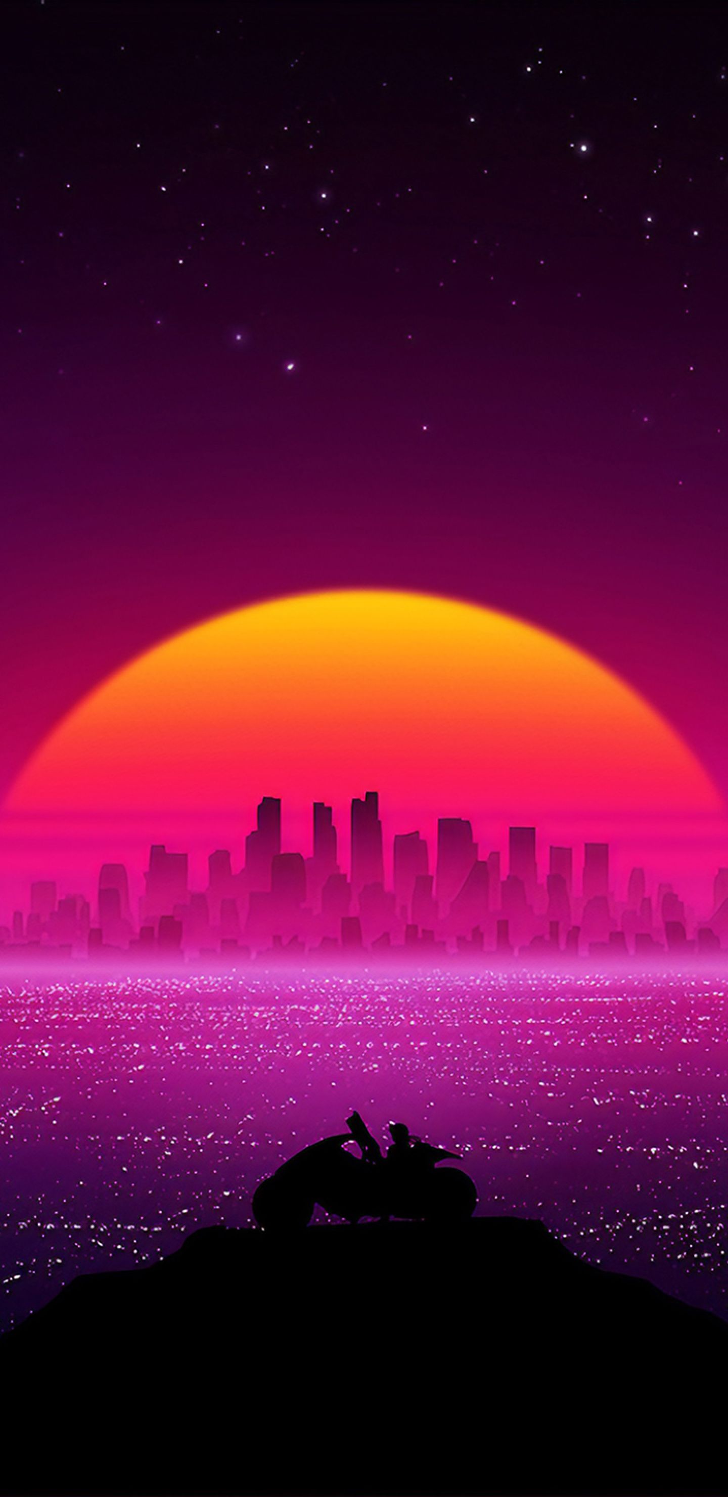 80s synthwave aesthetic wallpaper for mobile devices with a couple sitting on a hill watching the sunset over a city - 3D