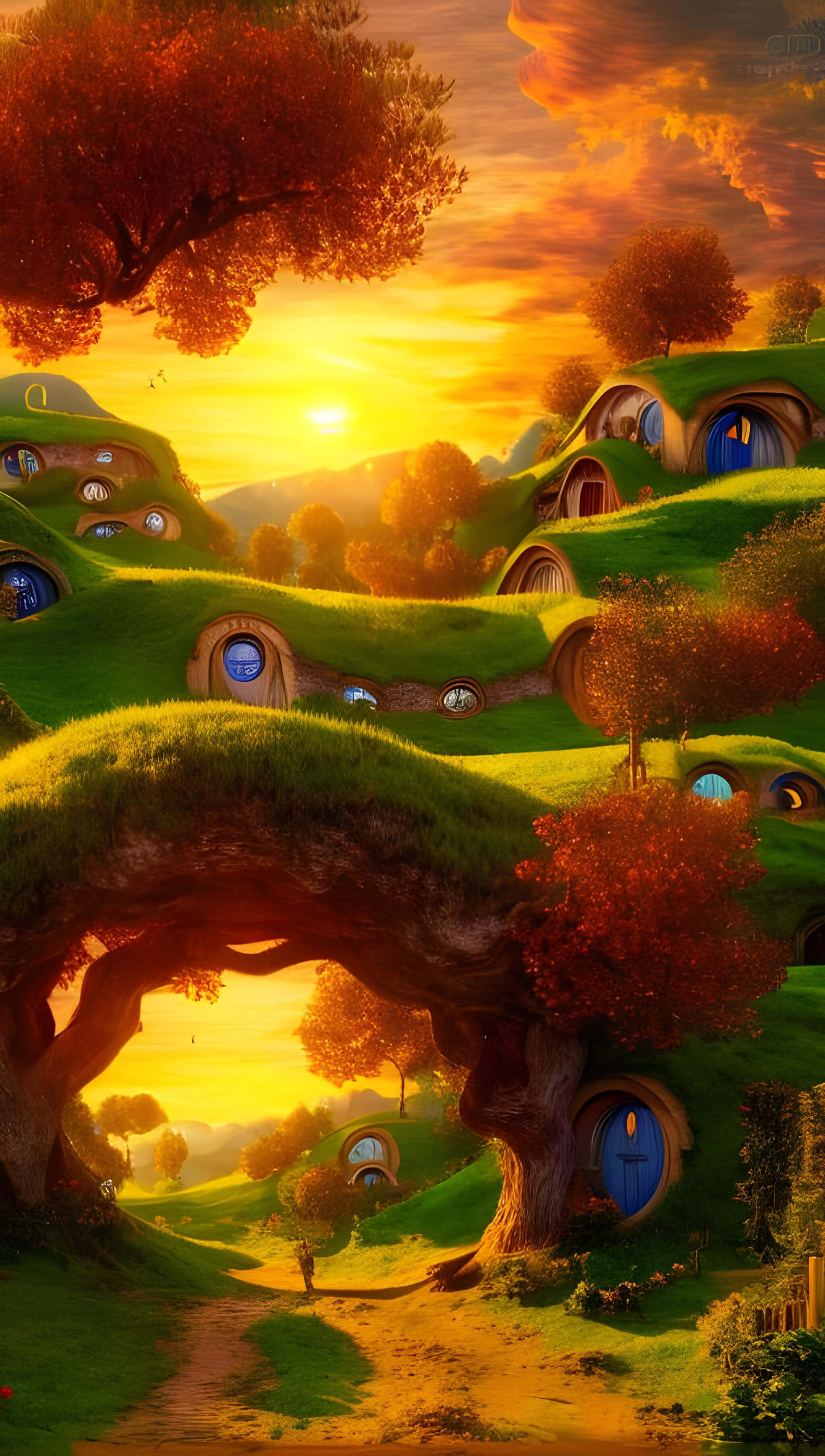 A painting of hobbit houses in the forest - 3D