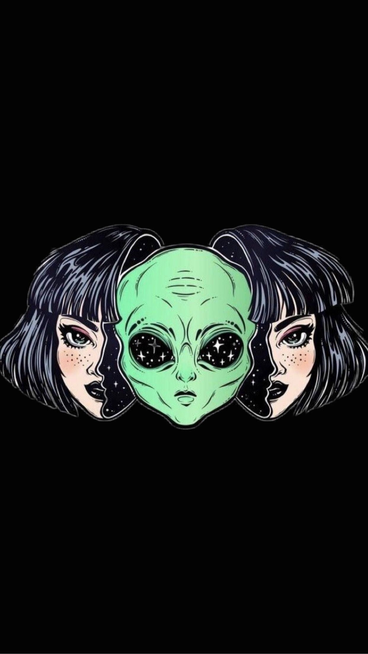 Iphone wallpaper of a green alien with two girls on each side of the alien's head - Alien