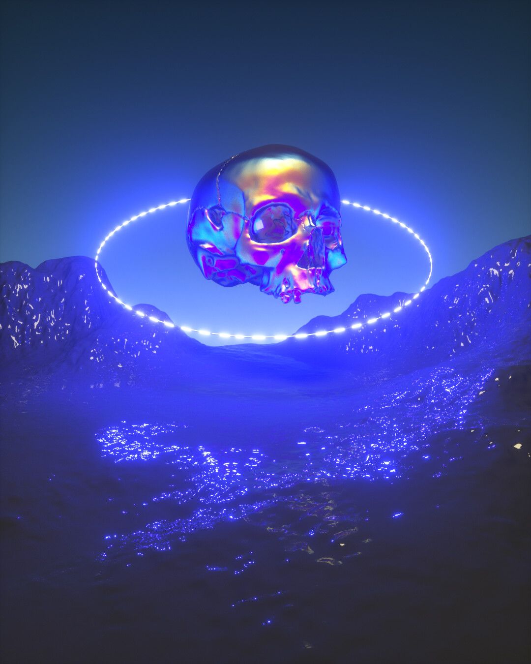 A skull with a neon blue light around it - 3D
